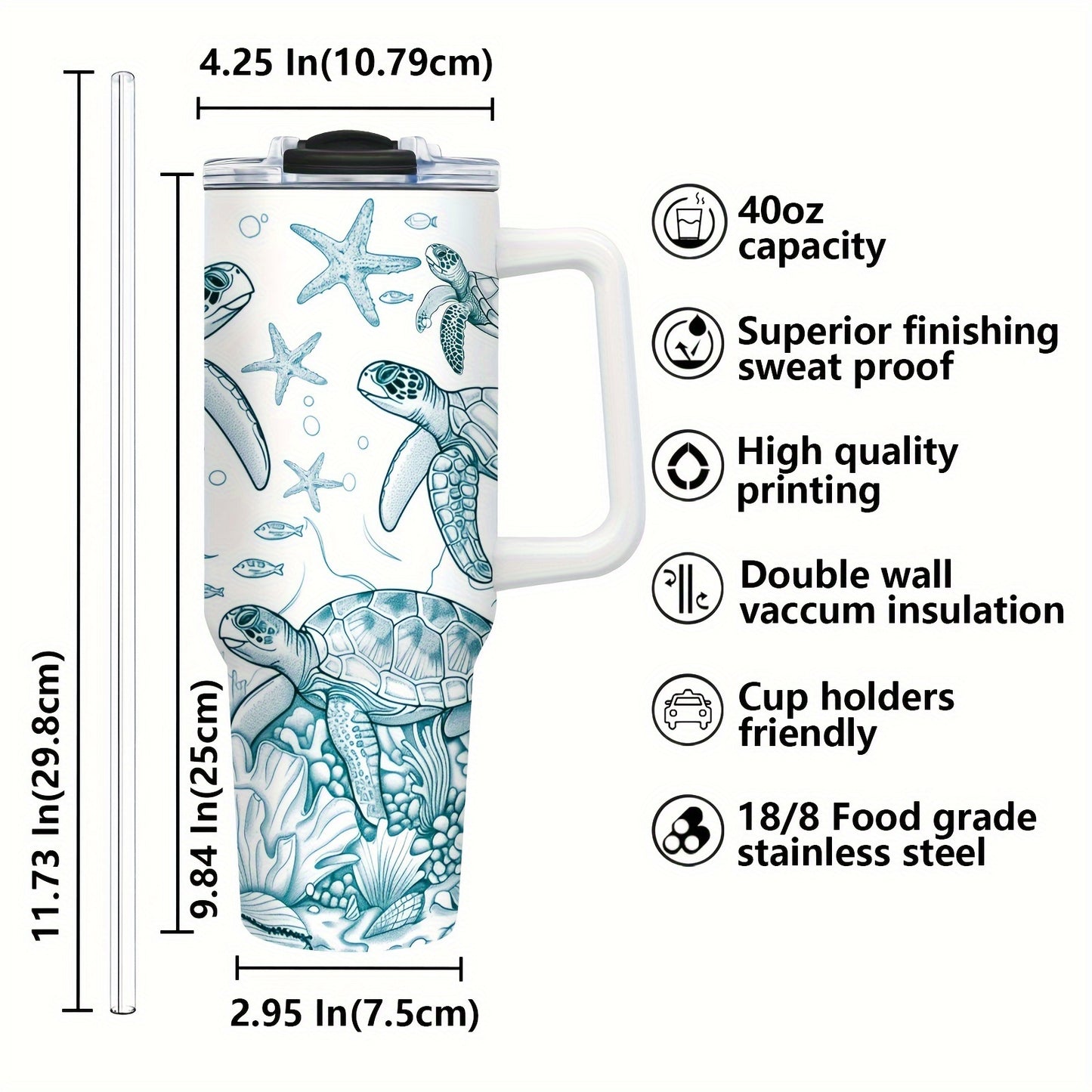1pc Sea Turtle Tumbler 40oz Tumbler with Handle, Stainless Steel Turtle Water Bottle Travel Mug Coffee Wine Cups Sea Turtle Tumblers for Sea Turtle Lovers Gifts for Women