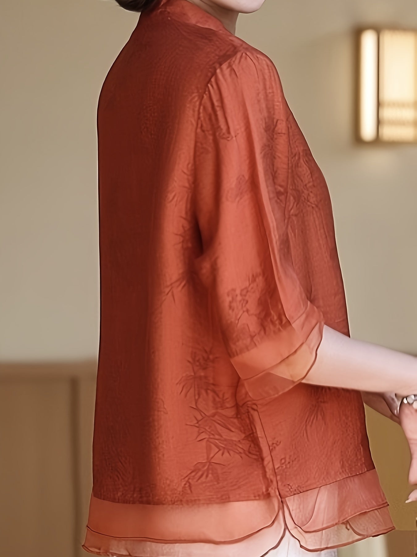 Women'S Elegant Summer Blouse with Floral Pattern - Short Sleeve, Mandarin Collar, Loose Fit, Light Olive Green, Perfect for Casual Attire, Casual Attire Blouse | Floral Pattern Top | Mandarin Collar Shirt