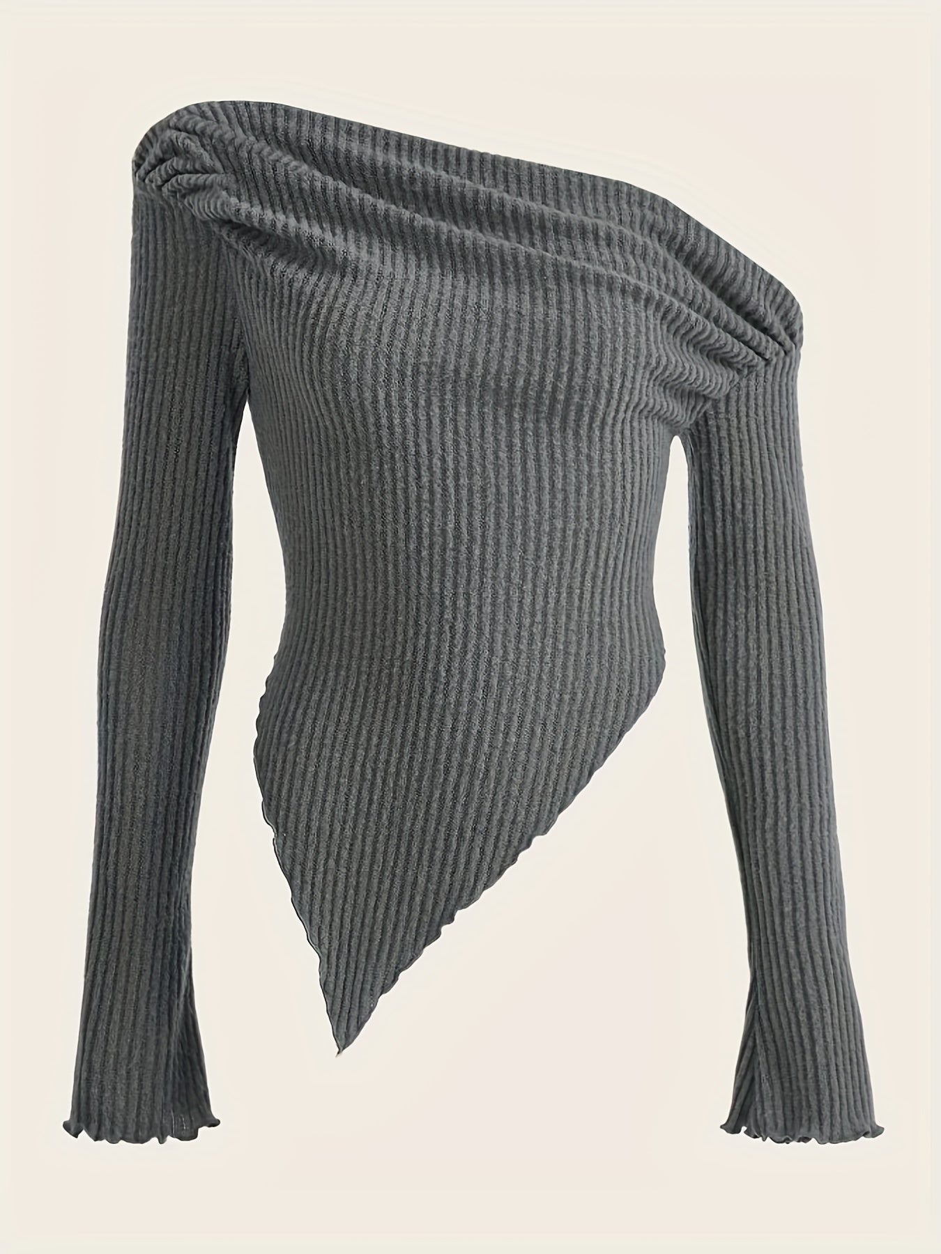 Solid Ruched Asymmetrical Neck T-Shirt, Casual Hanky Hem Long Sleeve Top For Spring & Fall, Women's Clothing