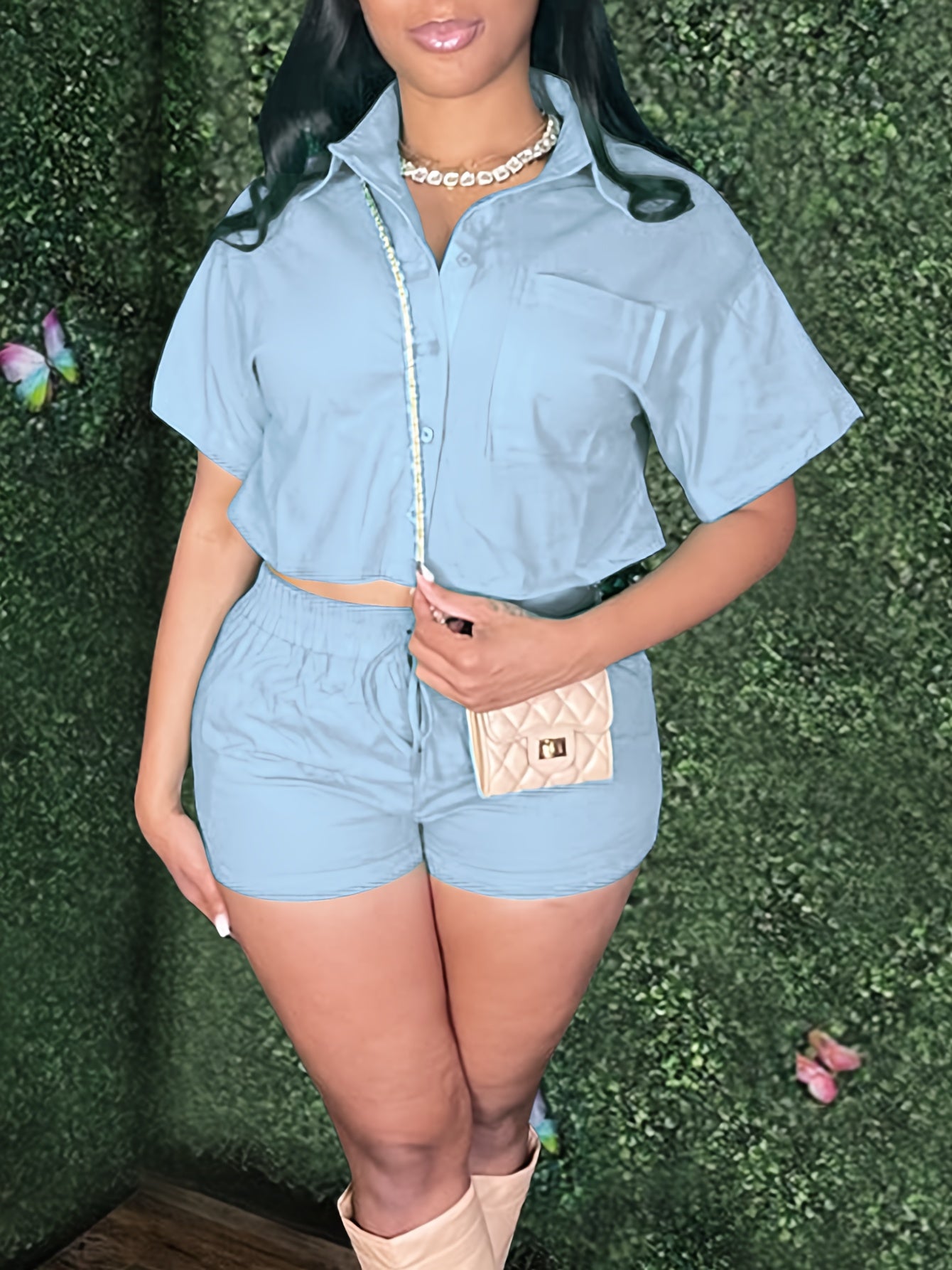 Solid Casual Two-piece Set, Short Sleeve Button Crop Top & Drawstring Waist Shorts Outfits, Women's Clothing