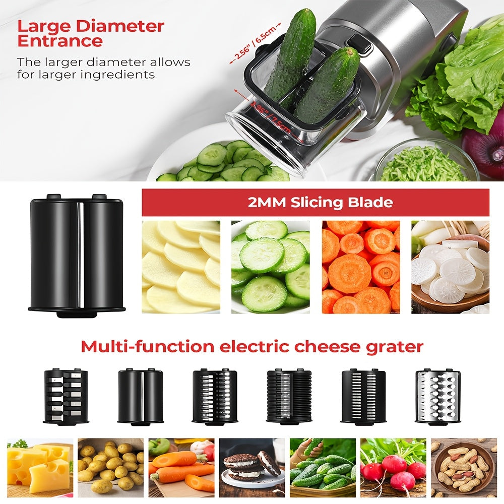 SENBOWE 5-in-1 Electric Cheese Grater & Salad Maker - Versatile Kitchen Gadget with 5 Blades for Perfect Slices, Shreds & Chops - Ideal for Cheese, Vegetables, Nuts & More - Stainless Steel, EU Plug