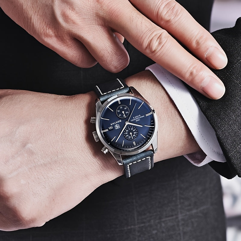1pc New BENYAR Men's PU Leather Quartz Wristwatch, Men's 100M Multifunctional Watch Military Sports Chronograph Watch For Men