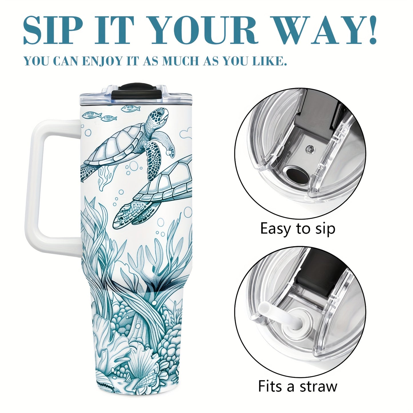 1pc Sea Turtle Tumbler 40oz Tumbler with Handle, Stainless Steel Turtle Water Bottle Travel Mug Coffee Wine Cups Sea Turtle Tumblers for Sea Turtle Lovers Gifts for Women