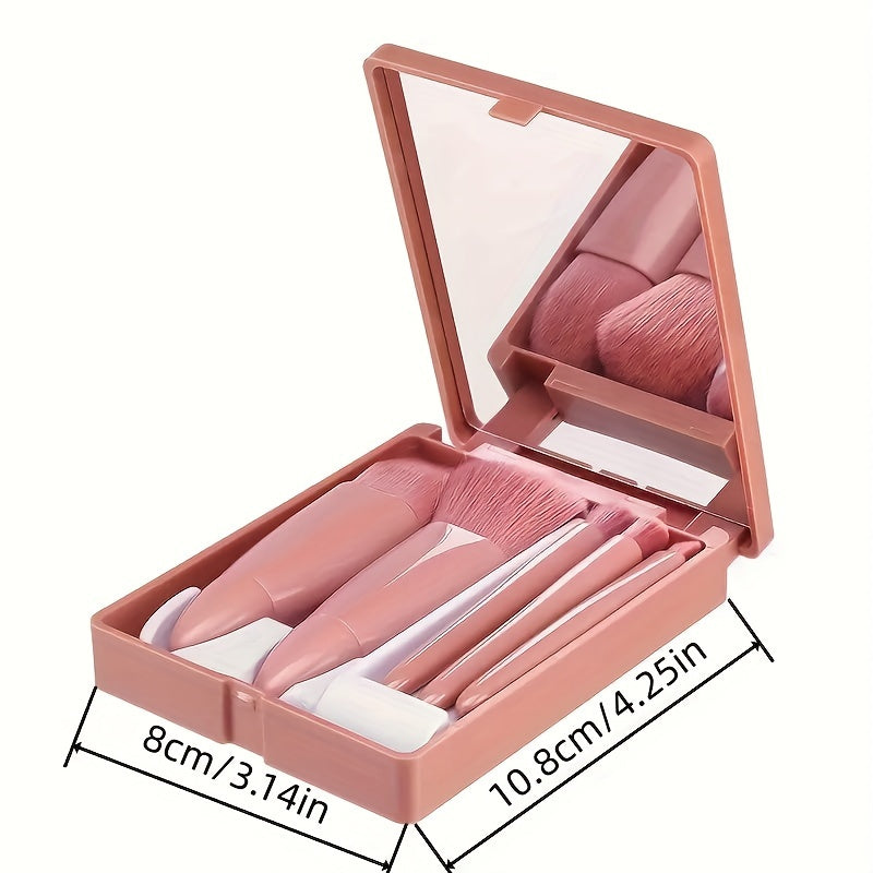 5pcs Makeup Brush Set with Mirror - Nylon Bristles, Fragrance-Free for All Skin Types, Includes Oval Foundation & Blending Brushes