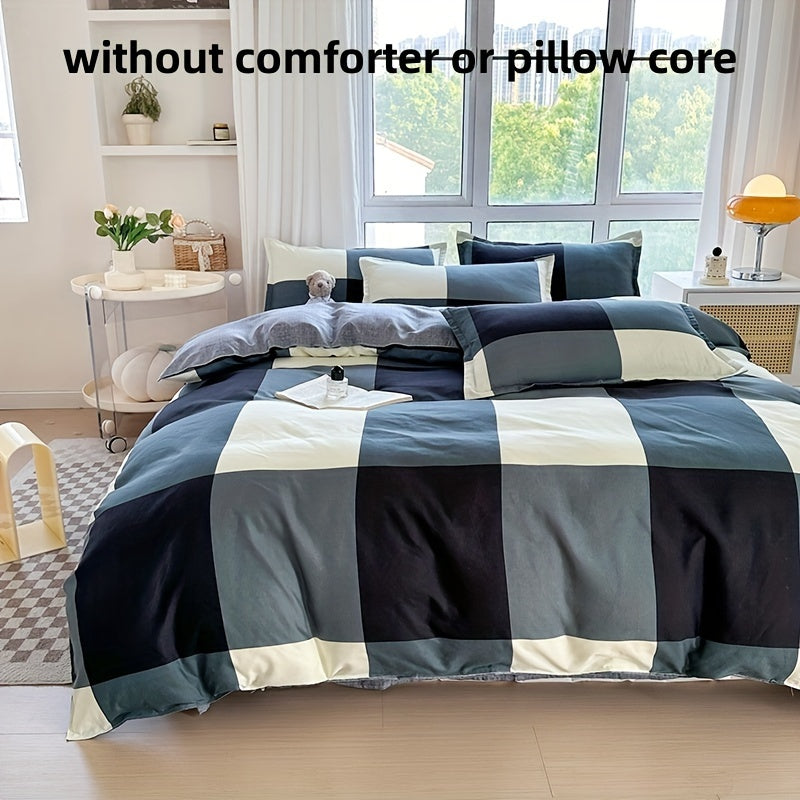 Soft and breathable 4pcs bedding set - Creative space plaid pattern, machine washable - includes sheet, duet and 2 pillowcases for all seasons - ideal for student dormitories, bedrooms and guest rooms