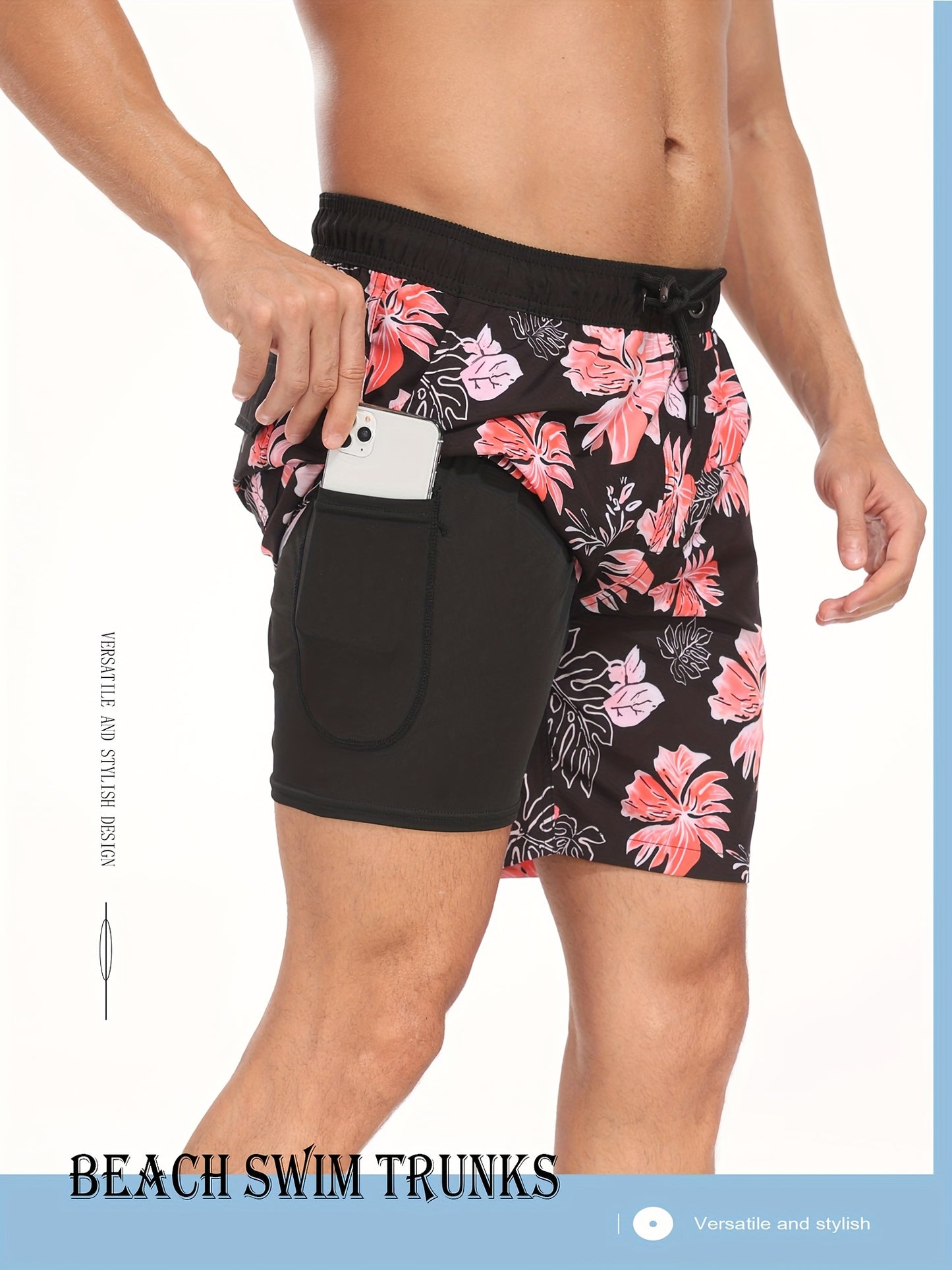 Men's Quick-Dry Beach Shorts with Tropical Palm Tree & Palm Leaf Print - Breathable Stretch Fabric for Summer, Outdoor, Hiking, Swimming - Machine Washable Casual Athletic Shorts, Outdoor Activewear, Summer Shorts