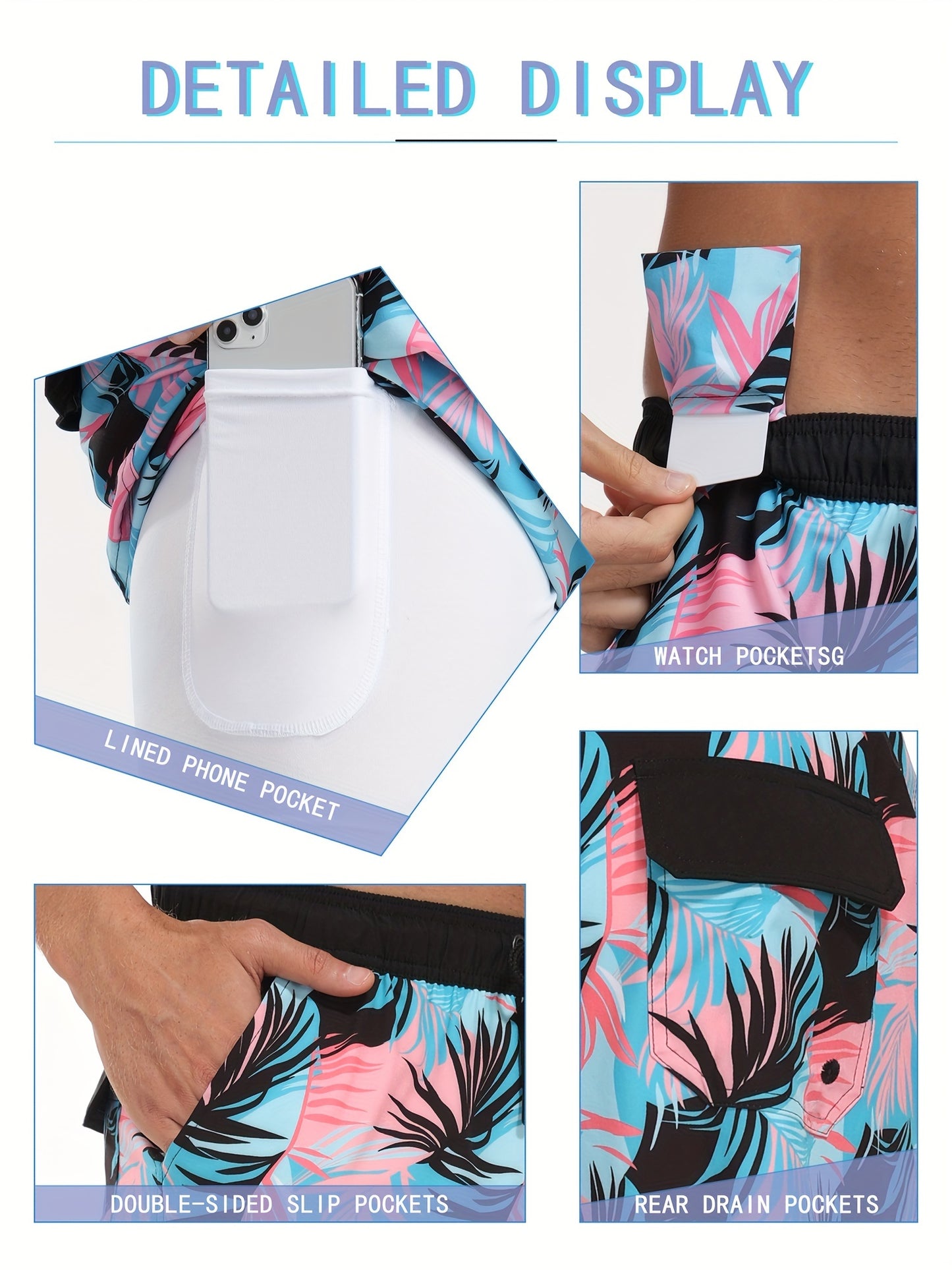 Men's Quick-Dry Beach Shorts with Tropical Palm Tree & Palm Leaf Print - Breathable Stretch Fabric for Summer, Outdoor, Hiking, Swimming - Machine Washable Casual Athletic Shorts, Outdoor Activewear, Summer Shorts