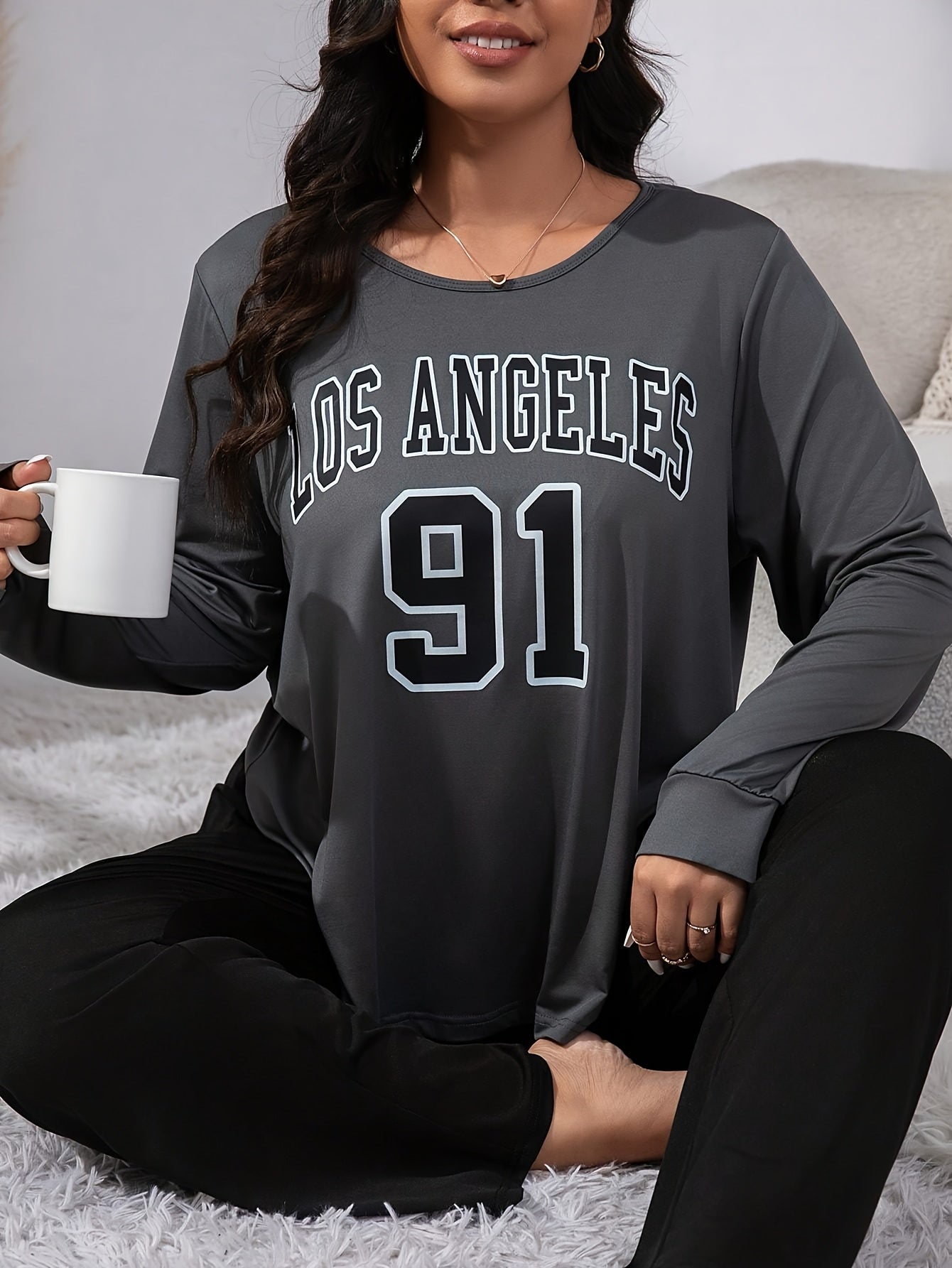 Women'S Plus Size Los Angeles 91 Graphic Pajama Set - Gray & Black Long Sleeve Crew Neck Top with Matching Pants, Stretchy & Comfy Loungewear, Pajama Sets for Adults