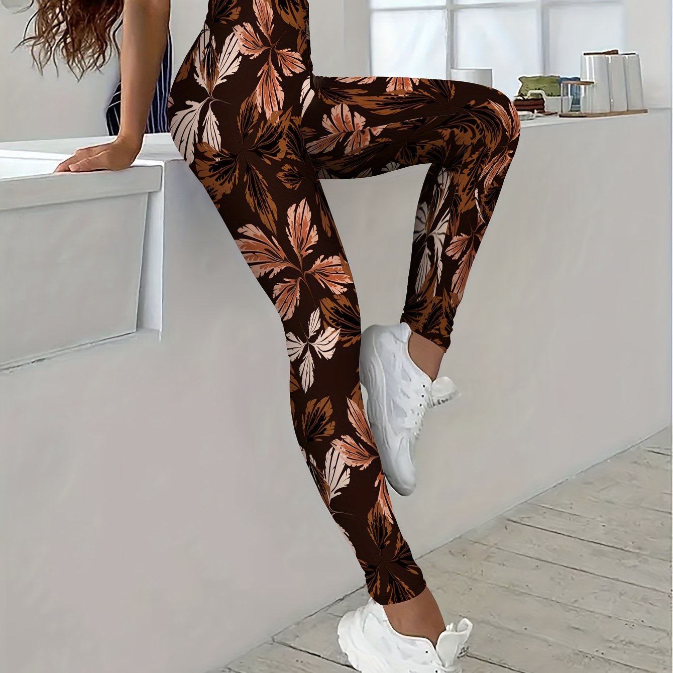 Women's High-Waisted Pants - Non-Slip Elastic Waist Leggings, Brown/Black Tropical Leaf Print, Medium-Stretch Non-See-Through Fabric for,, Casual & Formal Outfits - All-Season Trousers, Leggings, Formal Attire Leggings, Durab