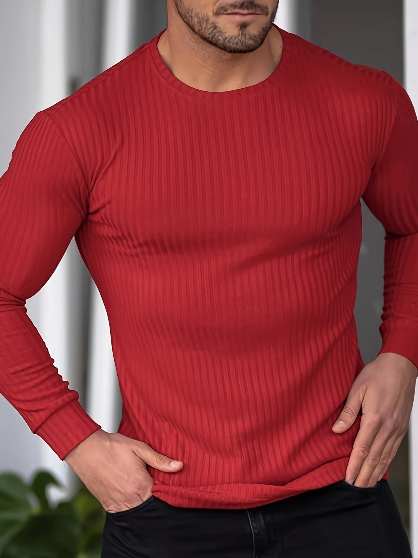 Ribbed Men's Casual Stretch Breathable Lightweight Long Sleeve Round Neck T-shirt For Spring Fall, Running Training