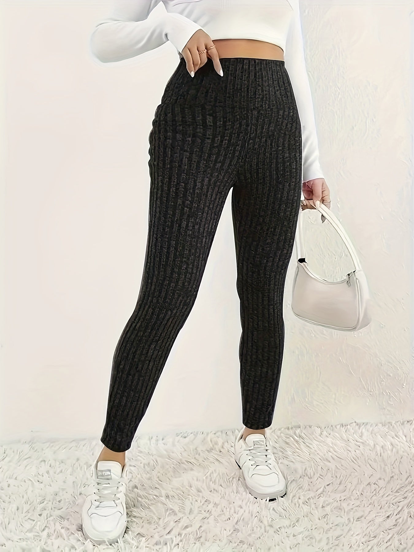 Leggings Femininas de Cintura Alta em Malha Canelada – Pack 3