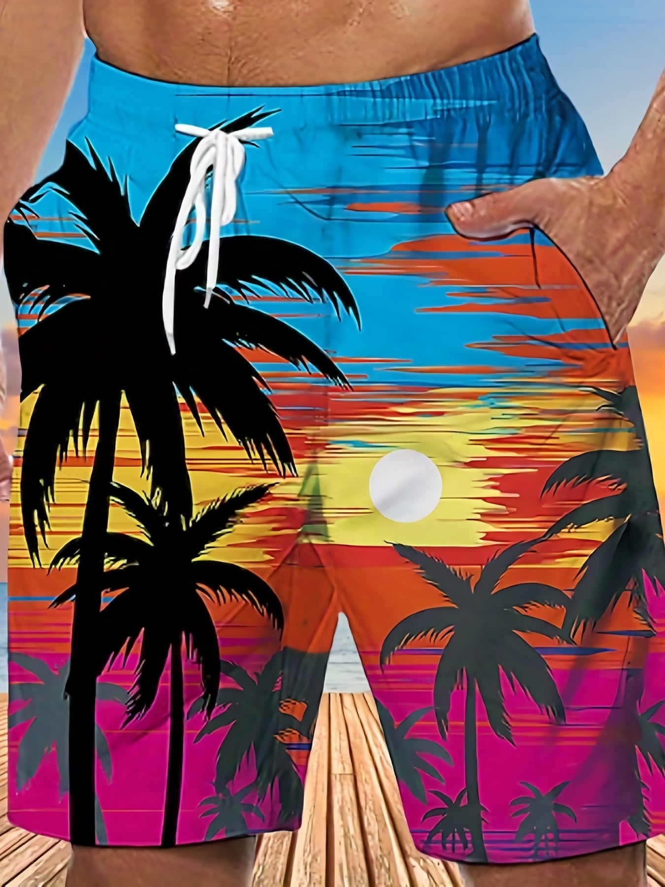 Quick Drying Comfortable Breathable Gradient Palm Tree At Dawn Seaside Drawstring Swim Trunks, Men's Board Shorts Swimwear For Summer Vacation Resort Beach Pool