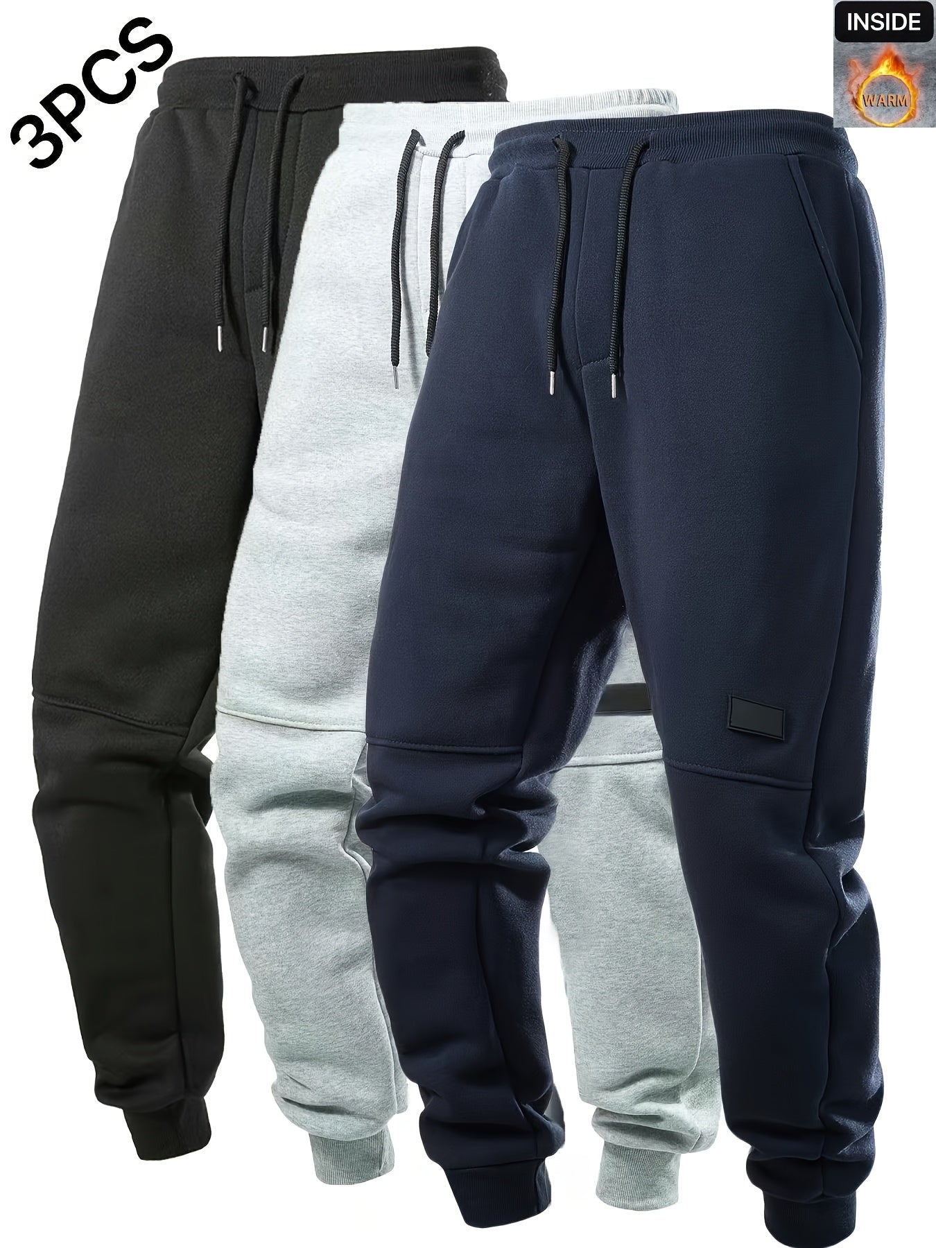 3pcs Men's Casual Athletic Joggers - Durable, Versatile & Warm Polyester Sweatpants with Drawstring Waist, Machine Washable - Black, Dark Gray, Navy Blue