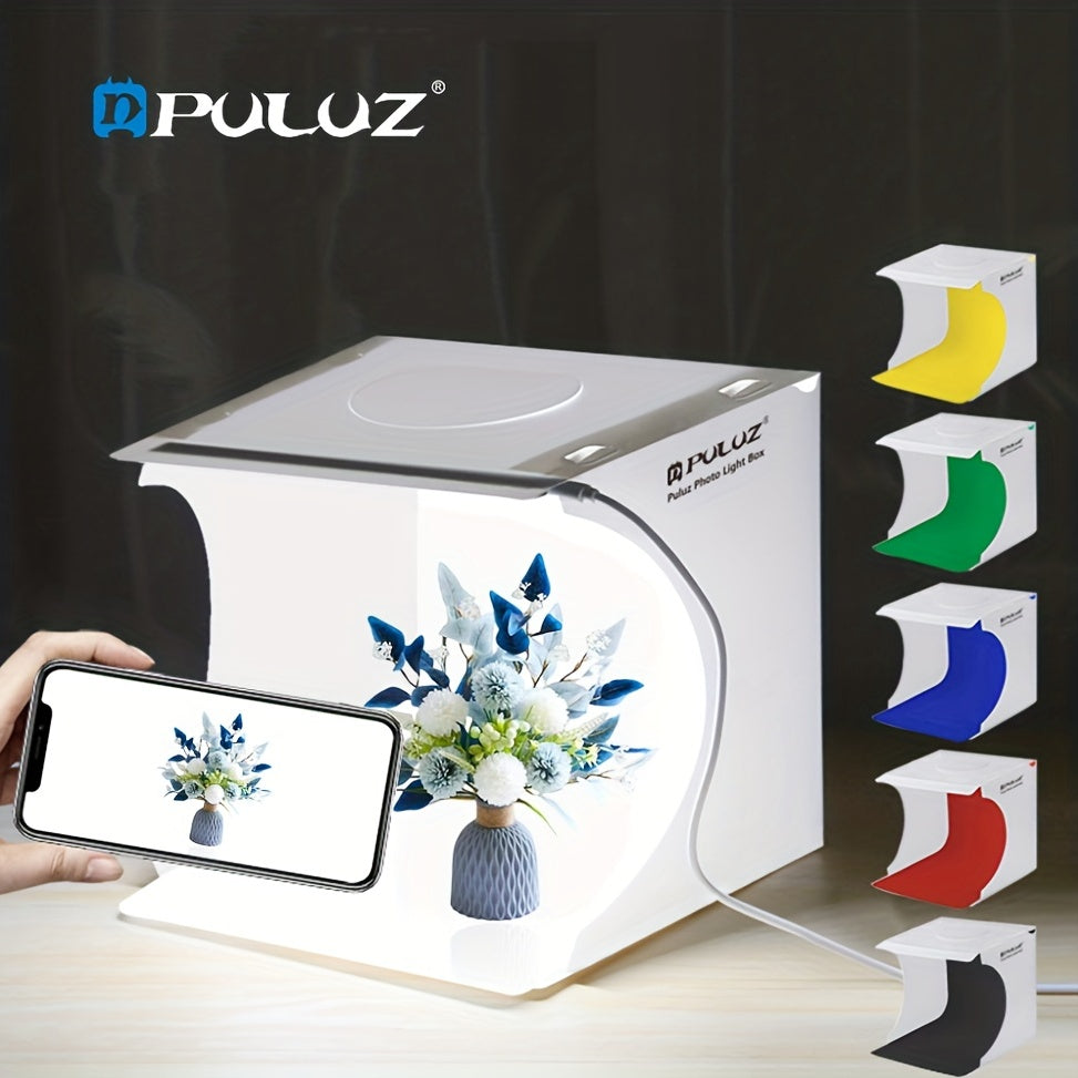 PULUZ Photo Light Box, Folding Portable Photography Shooting Light Tent Kit, Photo Studio 550LM Box, White Lighting Softbox With 1 LED Lights + 6 Color (Black/White/Orange/Red/Green/Blue) Backdrops Fabric For Product Display