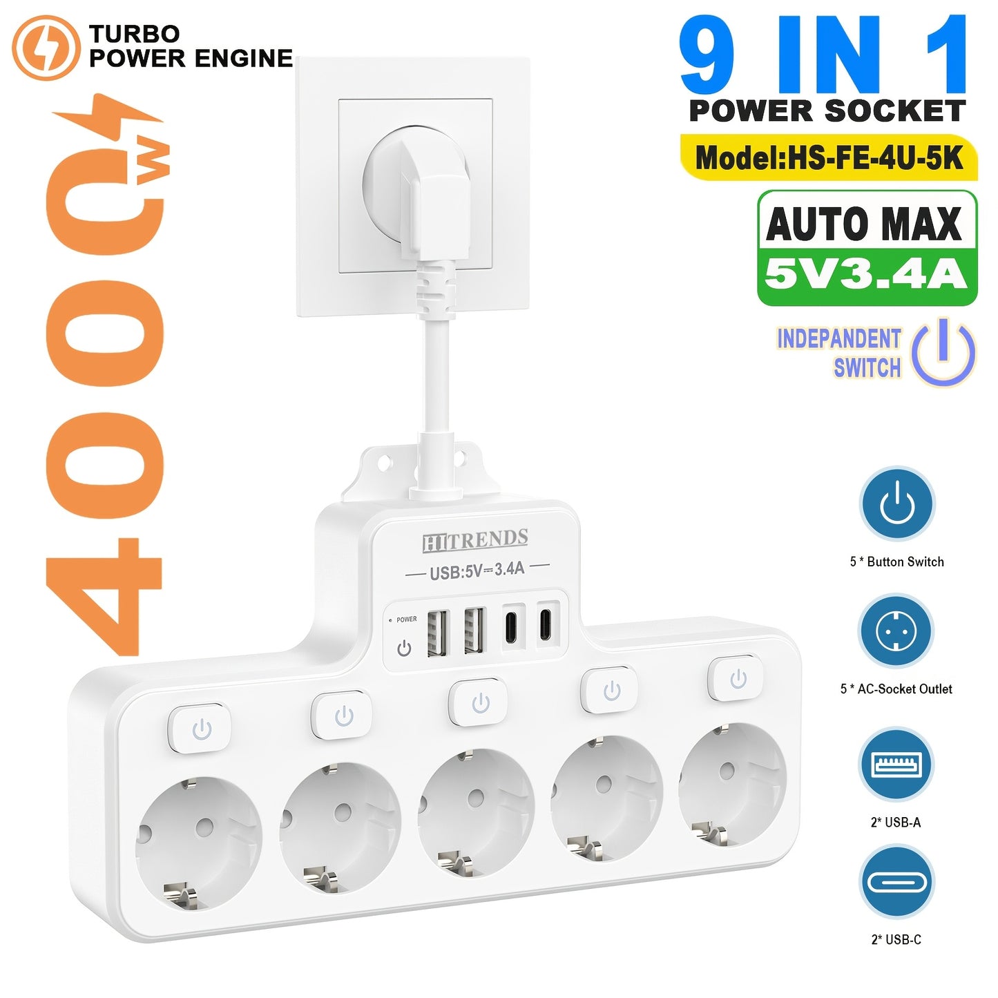A 9-In-1 Power Strip with USB, Featuring 5 EU Sockets with Individual And Master Switches, 2 USB-A And 2 USB-C Ports, Flexible Cable Sockets, Wall-Mounted Design, Suitable for Home, Kitchen, Office, And Travel.