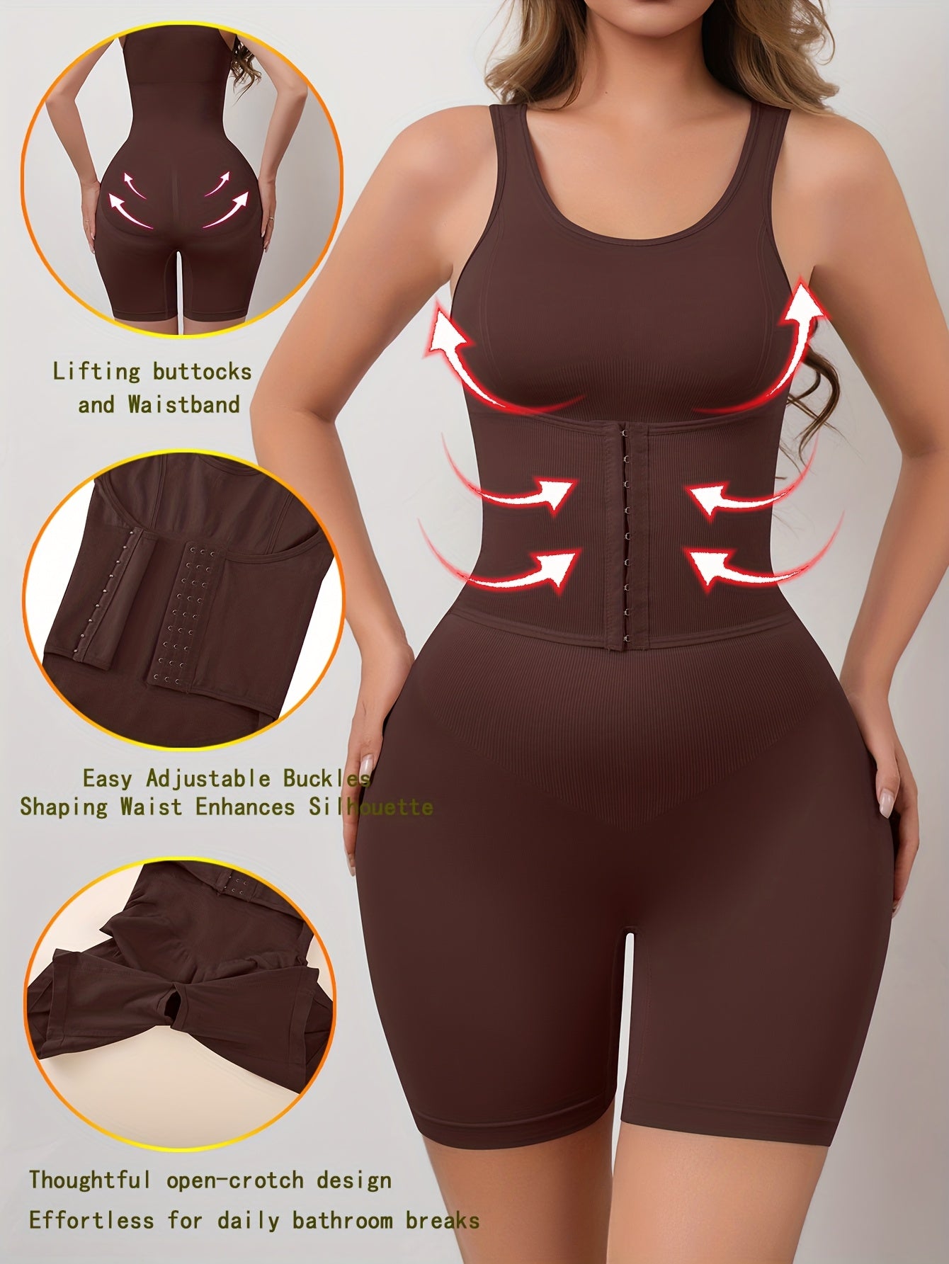 Women's Full-Body Tummy Control Bodysuit - Double-Layer High Compression Shaping Suit with Butt Lift & Waist, Smooth Curves Instantly, Brown/Black/Navy/Beige, Hand Washable One-Piece for Postpartum &