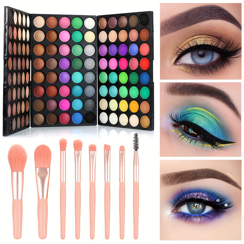 120 Colors Eyeshadow Palette with 8pcs Pink Makeup Brushes Set Matte Shimmer Highly Pigmented Long Lasting Waterproof Eye Shadow Kit, Carnival/Mardi Gras/Masquerade