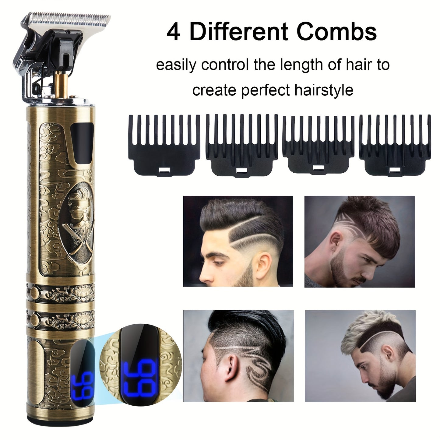LED Display Men'S Electric Shaver, Professional Men'S Hair Clipper, Hair Trimmer, USB-C Rechargeable, Wireless Long Hair Trimmer, Hair/Beard Trimming Kit with 4 Attachments Combs