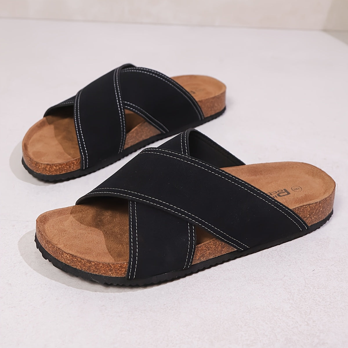 PINPOCHYAW Men's Slip-On Moccasin - X- Strap Brown/Black Casual Slippers with Faux Upper, Sole & Cushioned Insole - Lightweight Beige & Dark Brown for Beach, Pool, Summer Walking