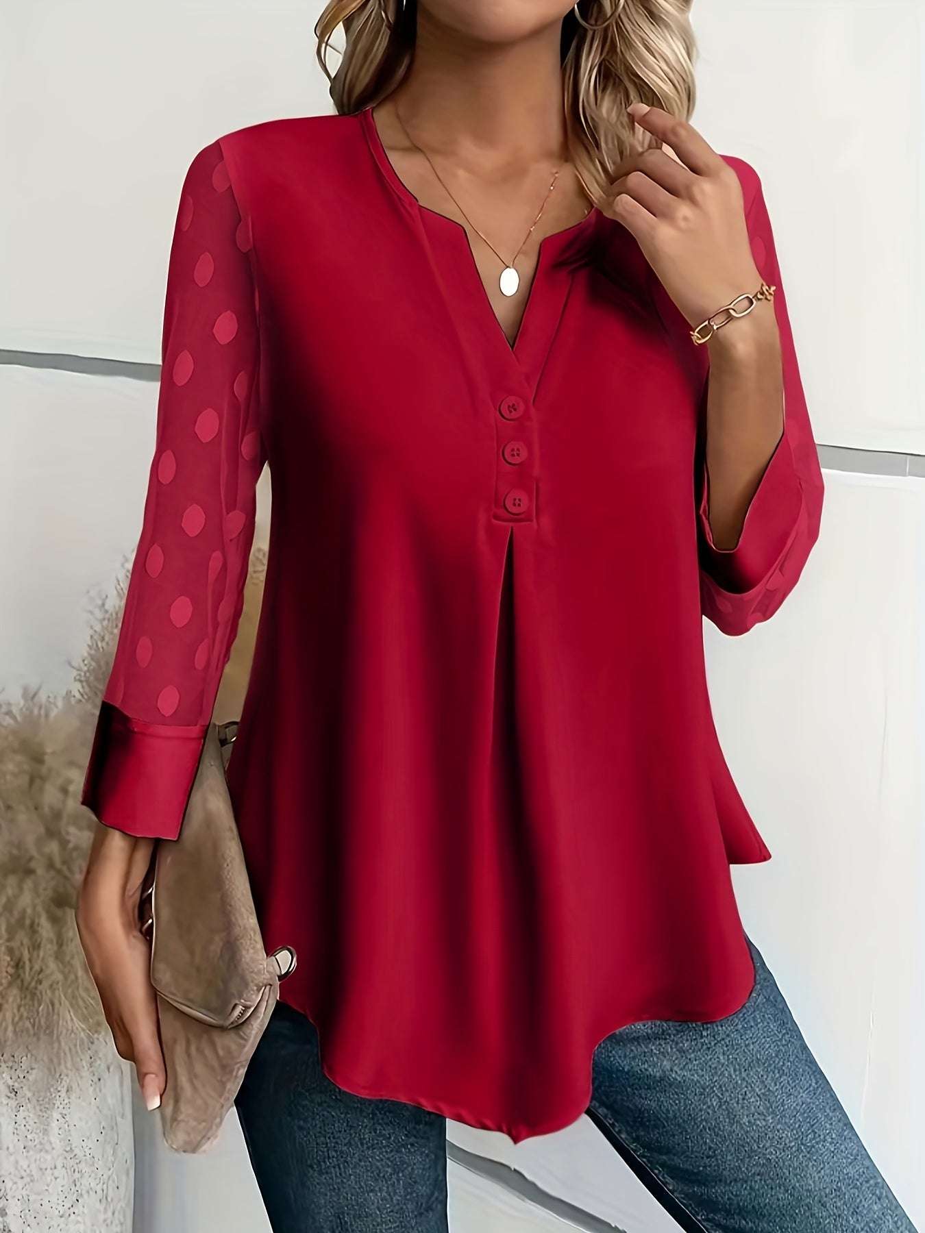 Solid Button Front Blouse, Elegant Long Sleeve Notched Neck Top, Women's Clothing