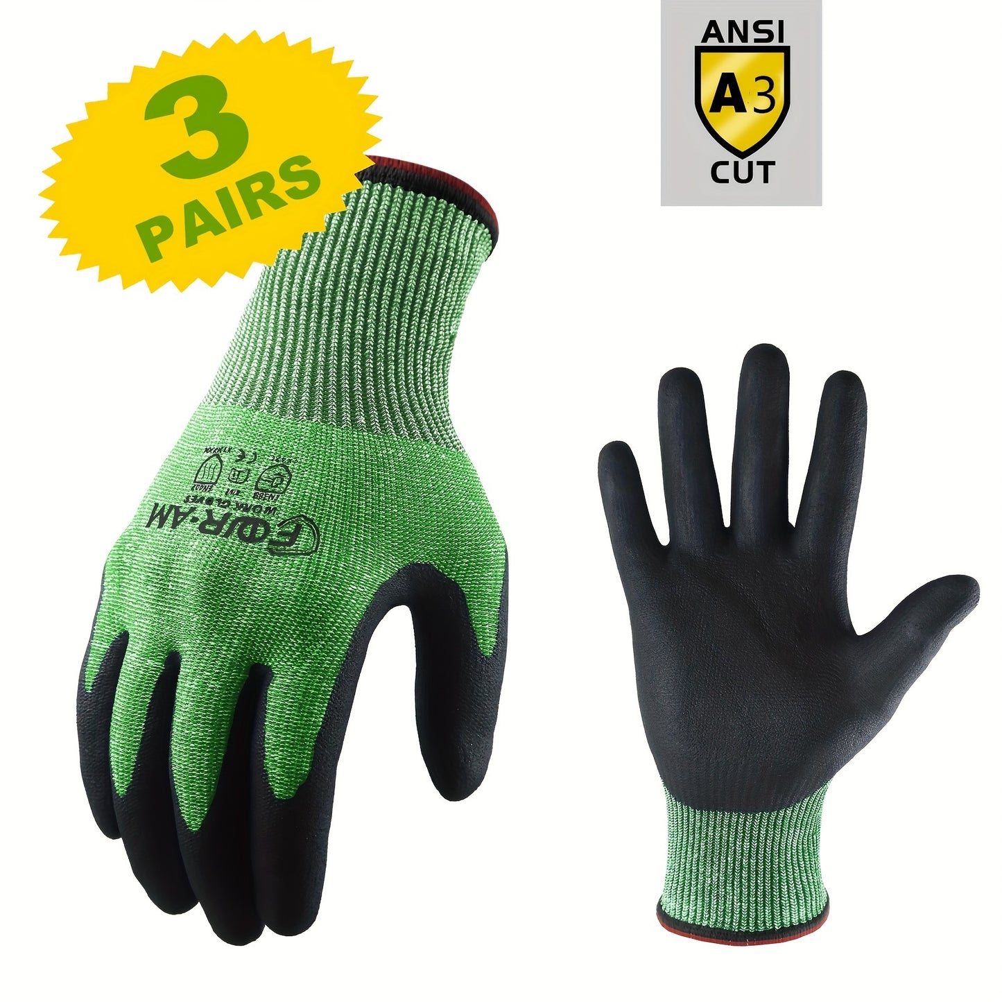 3 Pairs of Level 3 Cut-Resistant Work Gloves with Firm Non-Slip Grip, Durable & Breathable Nitrile Foam Coating, and Touchscreen Compatible 3D-Comfort Fit
