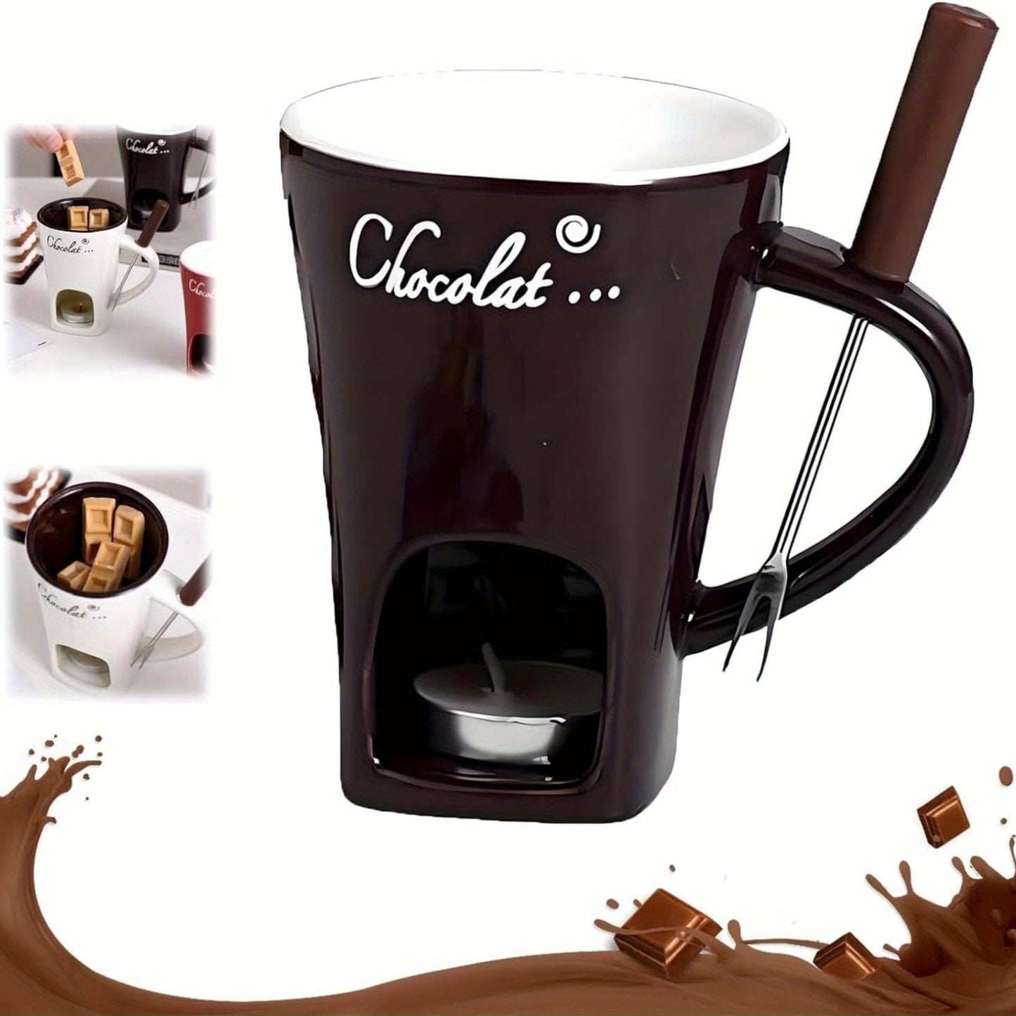 TFS Chocolate Fondue Mug - Ceramic, Reusable, Hand-Wash Only, Multipurpose Hot Chocolate & Fondue Pot with Whisk, Ideal for Cheese, Caramel, Butter, Hot Chocolate Making | Whisked Drinkware | Durable Drinkware