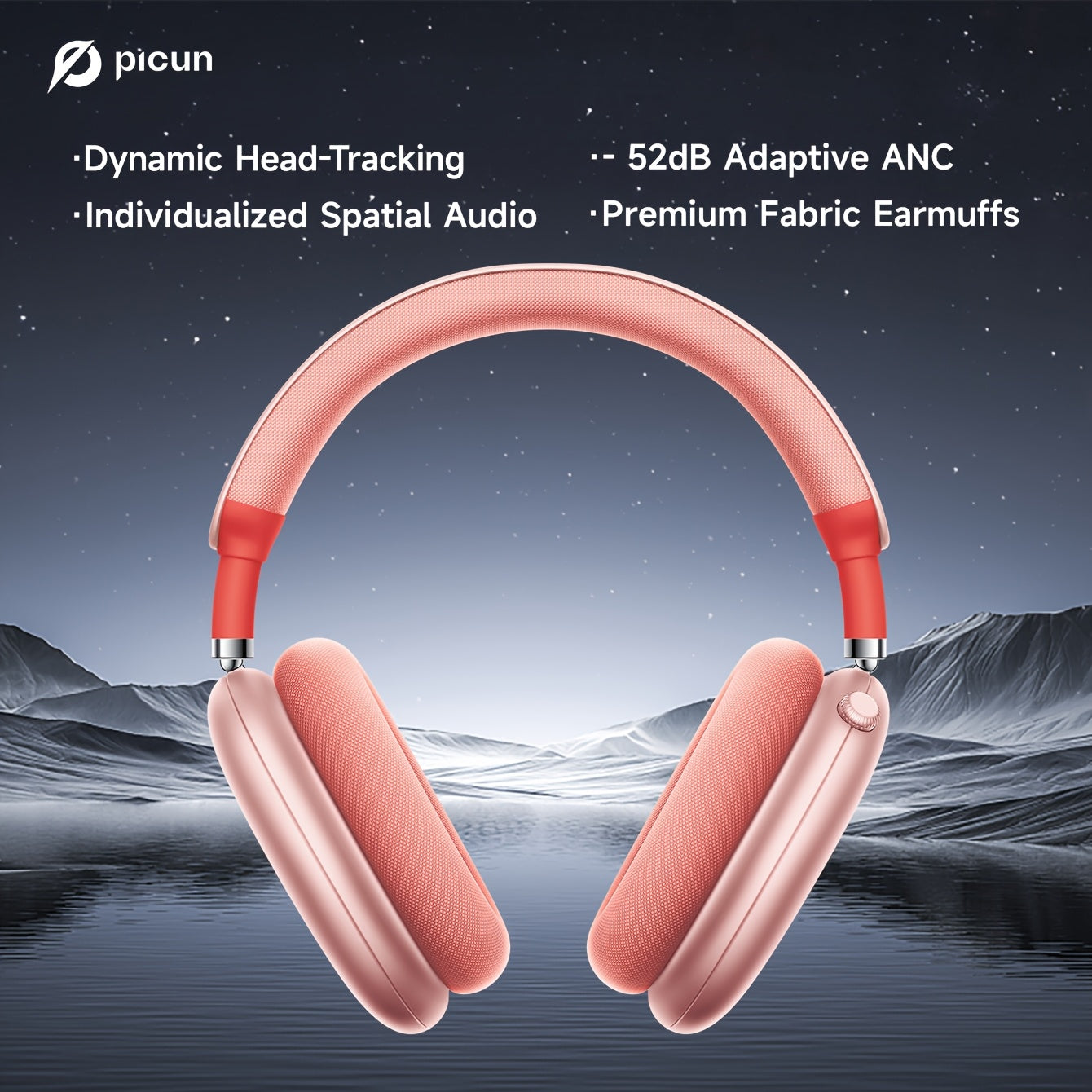 PICUN Wireless Headphones with Dynamic Head Tracking, -52dB ANC Noise Cancellation, 140Hrs Battery Life, Wireless 5.4, Wired/Wireless Switch, Double Connection & Multi-Mode Audio, Closed-back Design, Plastic Material, Compati