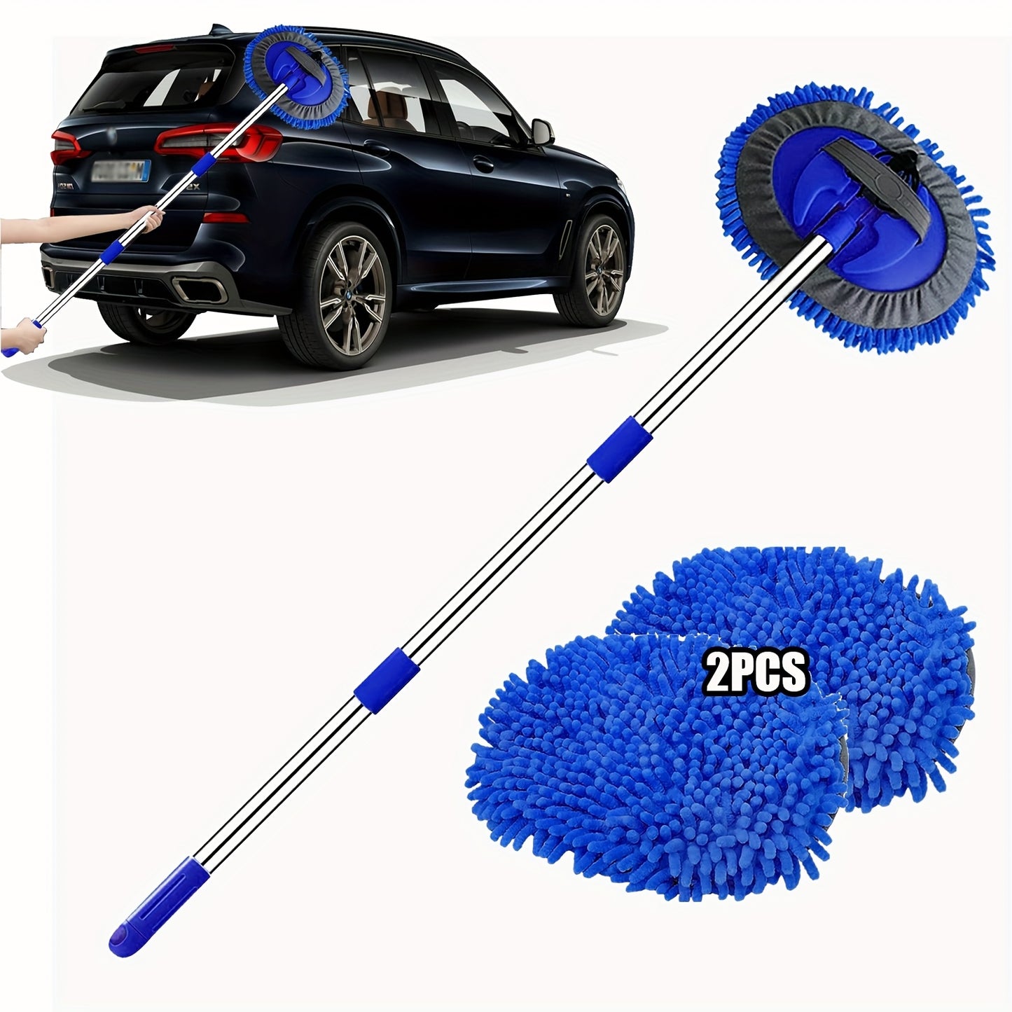 120.65cm Microfiber Car Wash Brush Mop Set, Chenille Microfiber Sponge Duster No Paint Damage No Scratches, Long Handle Kit 2in 1 for Cleaning Cars, Trucks, SUVs, RVs, Trailers, Boats