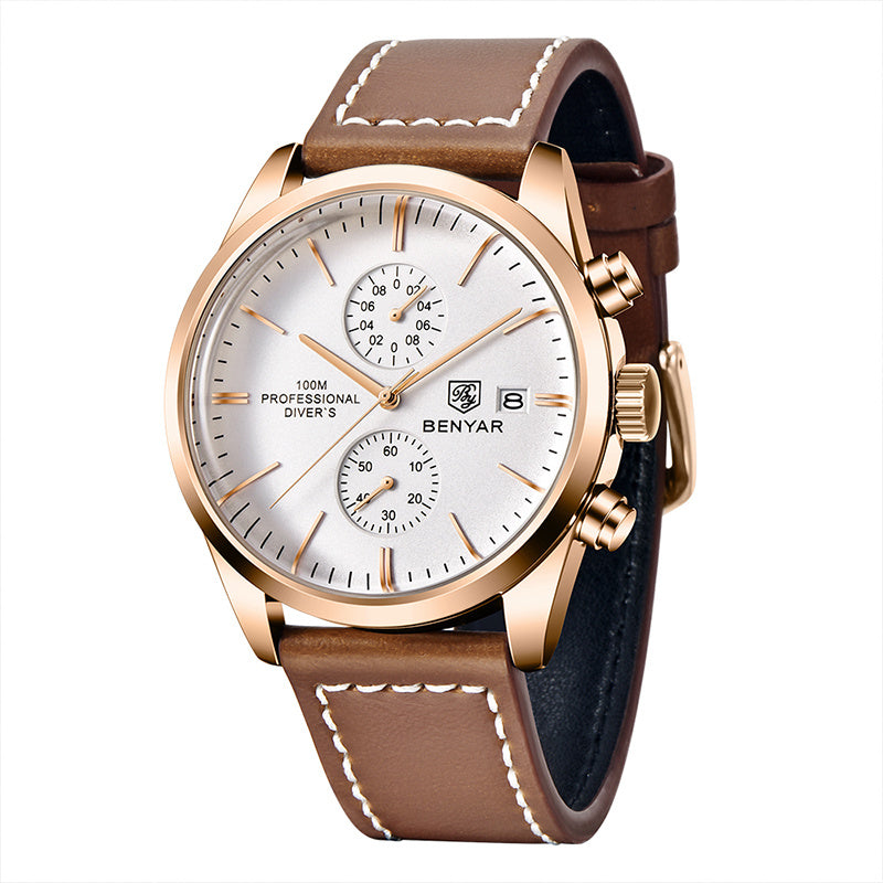 1pc New BENYAR Men's PU Leather Quartz Wristwatch, Men's 100M Multifunctional Watch Military Sports Chronograph Watch For Men