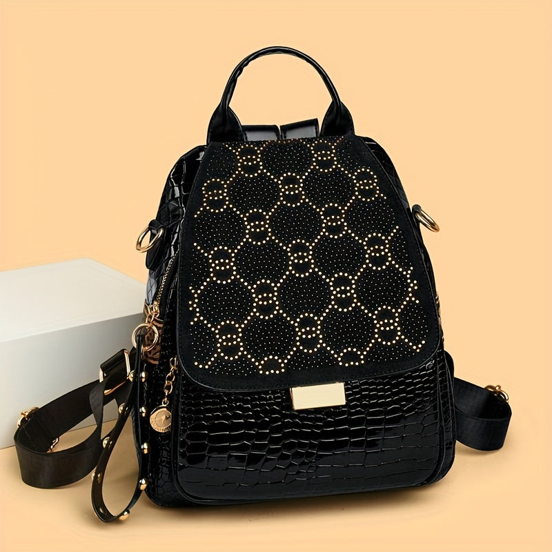 Women'S Fashionable Black Backpack with Diamond Pattern - Soft, Foldable, Zippered, Adjustable Shoulder Strap, Large Capacity, Versatile for Travel & Daily Commute, Casual Daypack|Stylish Backpack|Softshell Backpack