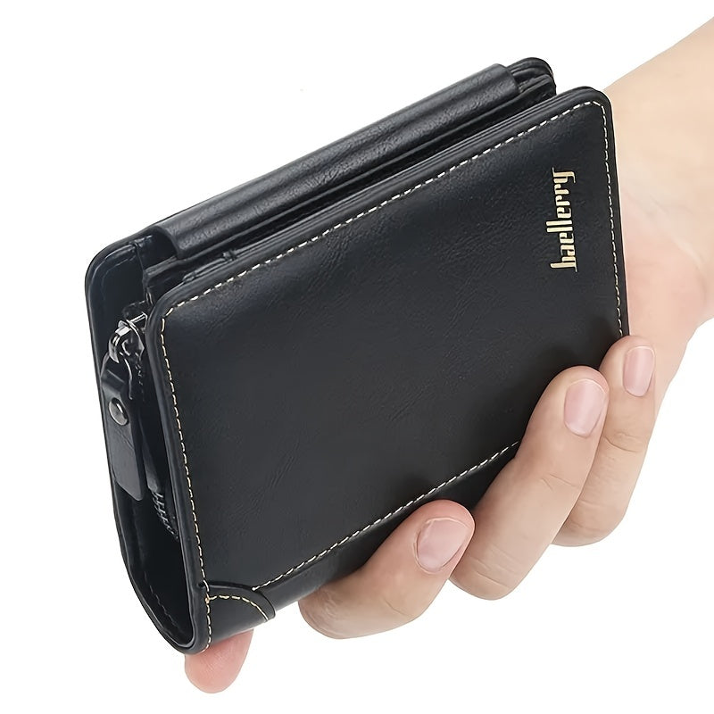 1pc Men's Short Multi-Card Slots Three-fold Zipper Coin Pocket Wallet Fashion Thin Card Bag Give Gifts To Men On Valentine's Day