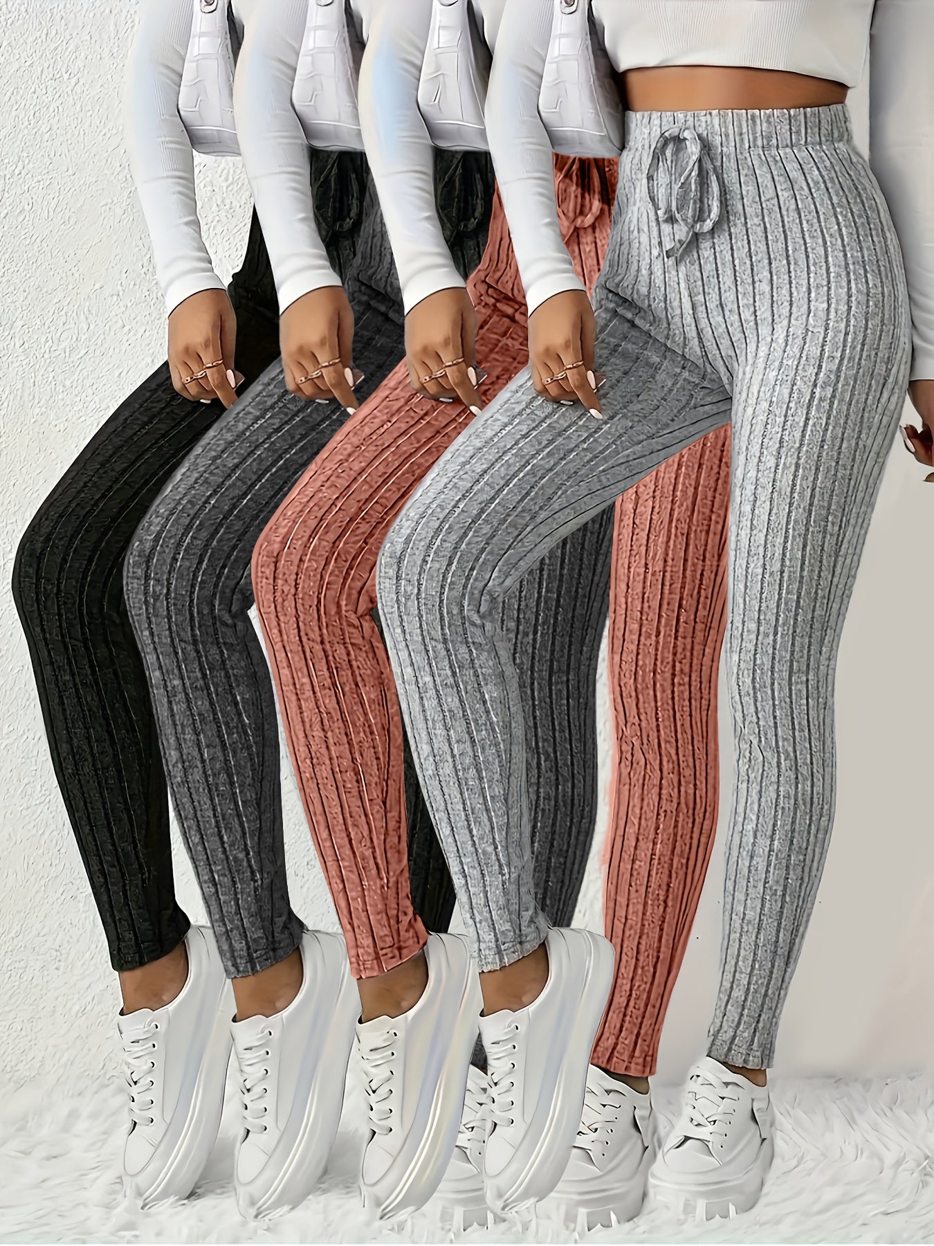 4pcs Women'S High-Waisted Leggings - Sexy Ribbed Design, Stretchy & Comfortable, Solid Colors (Black, Green, Purple, Beige) for Fall/Winter, Perfect for Running & Casual Wear, High Waisted Leggings