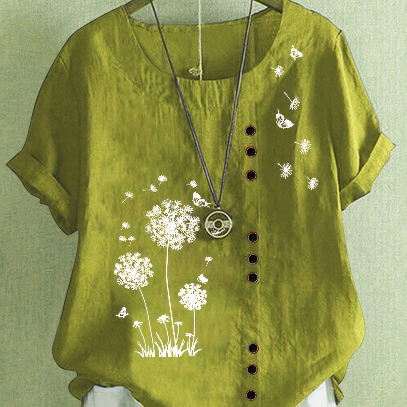 Dandelion Print Button Decor T-Shirt, Casual Crew Neck Short Sleeve T-Shirt For Spring & Summer, Women's Clothing