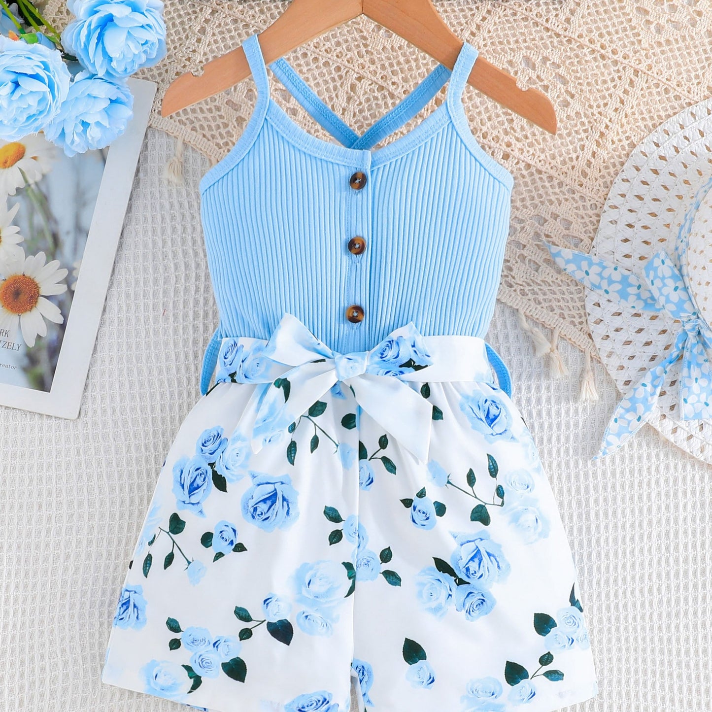 Girls' Summer Casual Floral Print Off-Shoulder Jumpsuit with Adjustable Waist Belt - Lightweight Breathable Shorts for Outdoor Play & Daily Wear, Blue & White Flower Design, Perfect for Weekend Outings, Cute Outfits for Girls