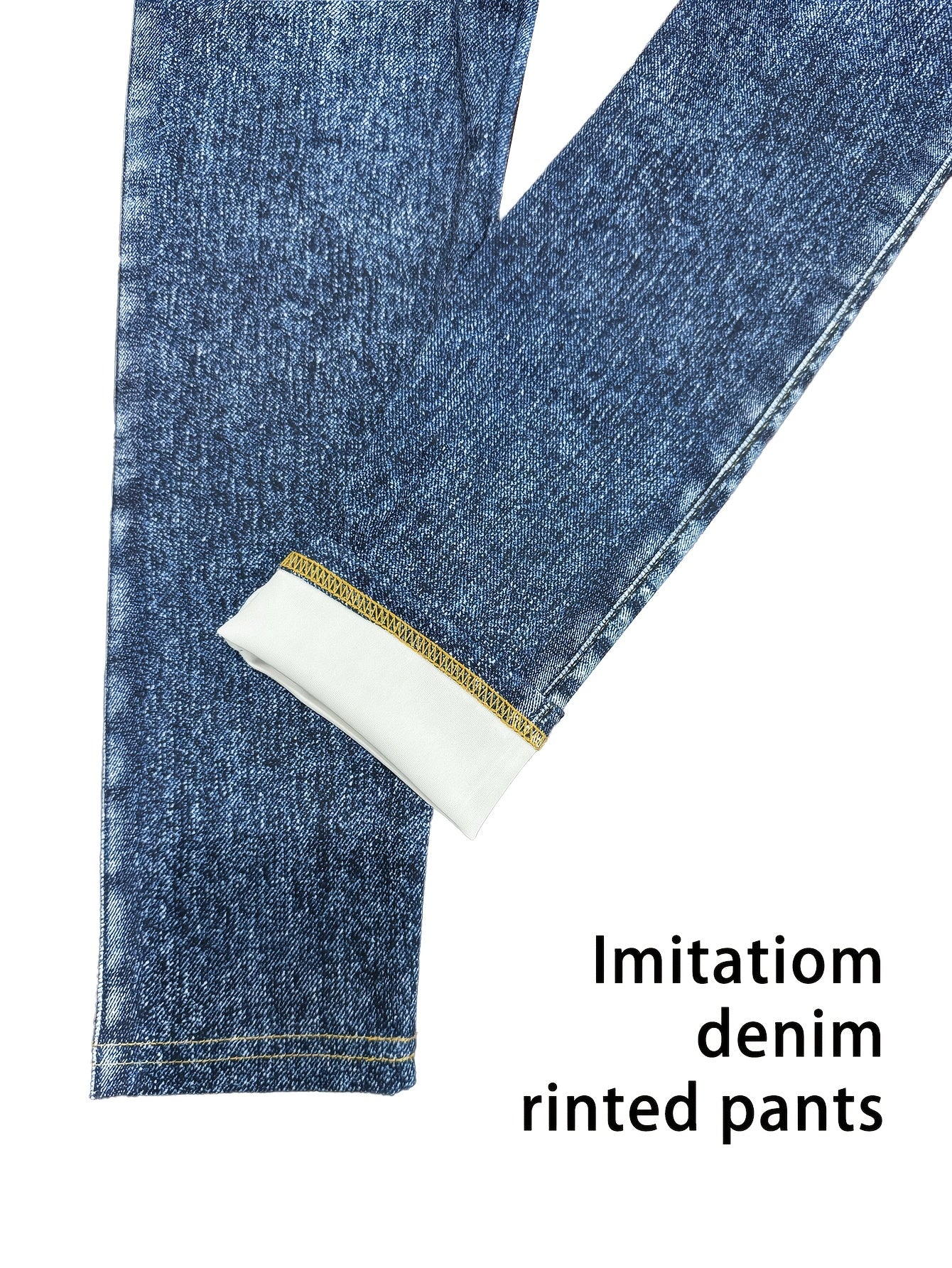 【imitation denim】New Women'S Fashion Casual Trendy Comfortable Breathable High-Waisted Stretchy Blue Faux Denim-Like Printed Leggings for Daily Commuting, Enhancing The Hips And Waist, Women'S Base Layer Pants, Fitted Leg