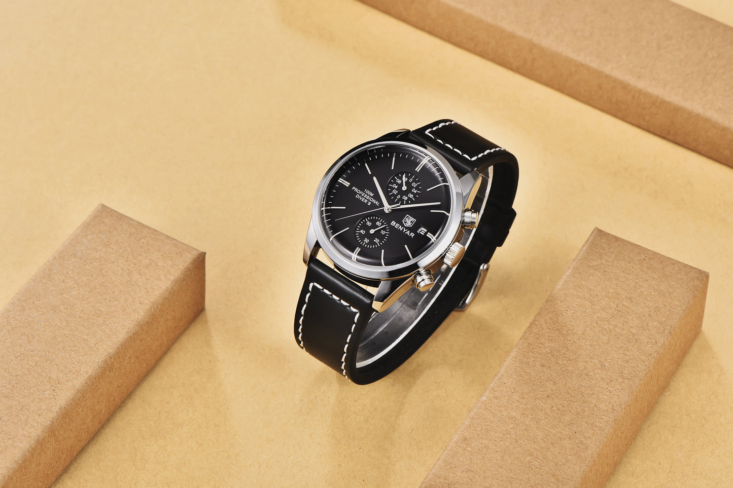 1pc New BENYAR Men's PU Leather Quartz Wristwatch, Men's 100M Multifunctional Watch Military Sports Chronograph Watch For Men