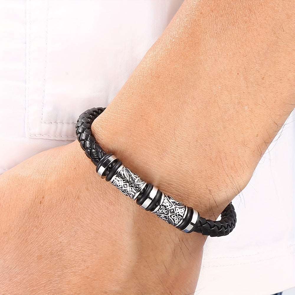 Men's Leather Bracelet, Handwoven Faux Leather Wristband - 21cm Elegant Multi-Layer Adjustable Strap, Durable Daily & Party Accessory Gift for Him