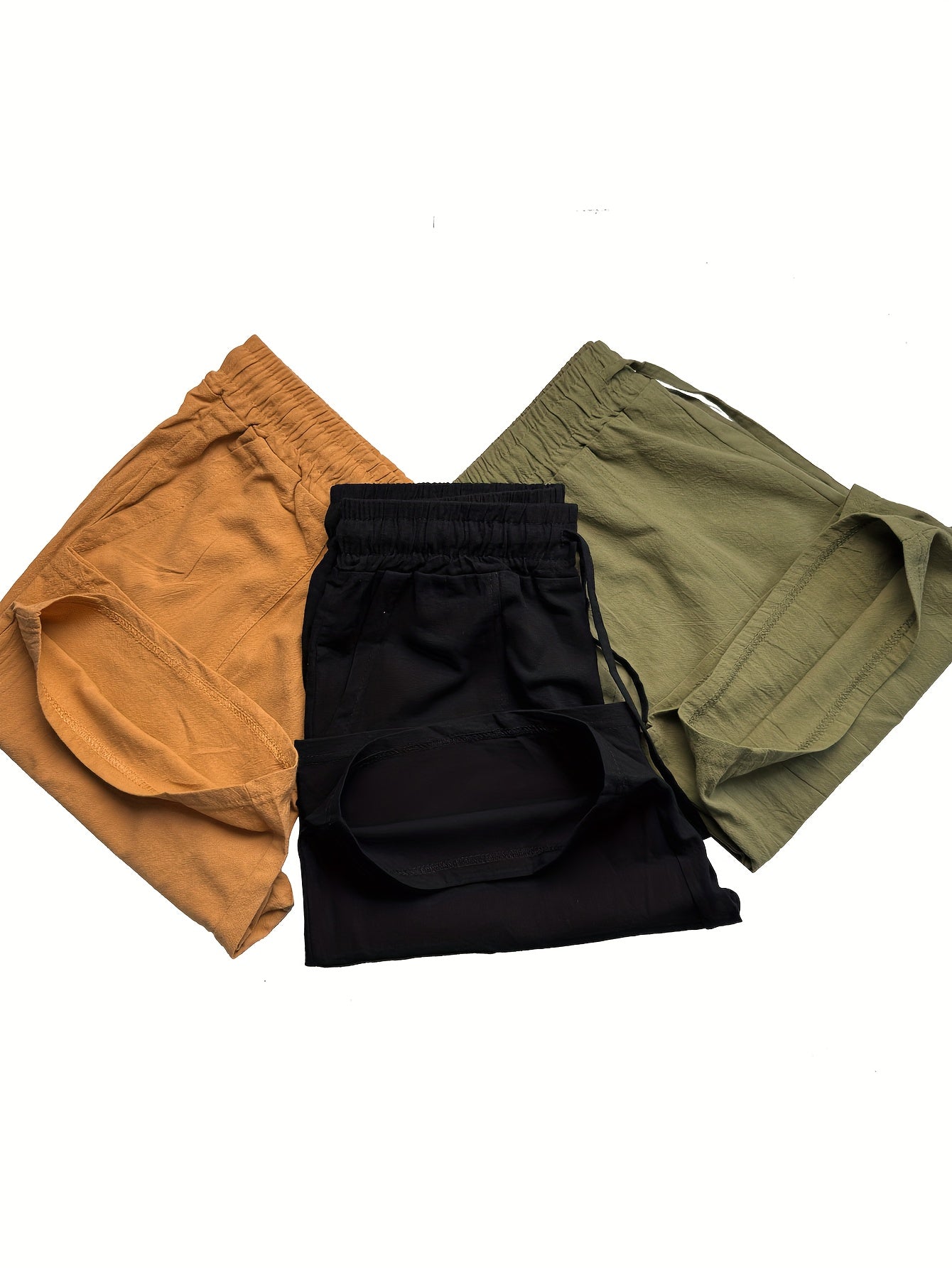 Men's Summer Shorts, Drawstring Elastic Waist, Straight Leg Solid Color Breathable Casual Beach Capri Pants - Three-Pack