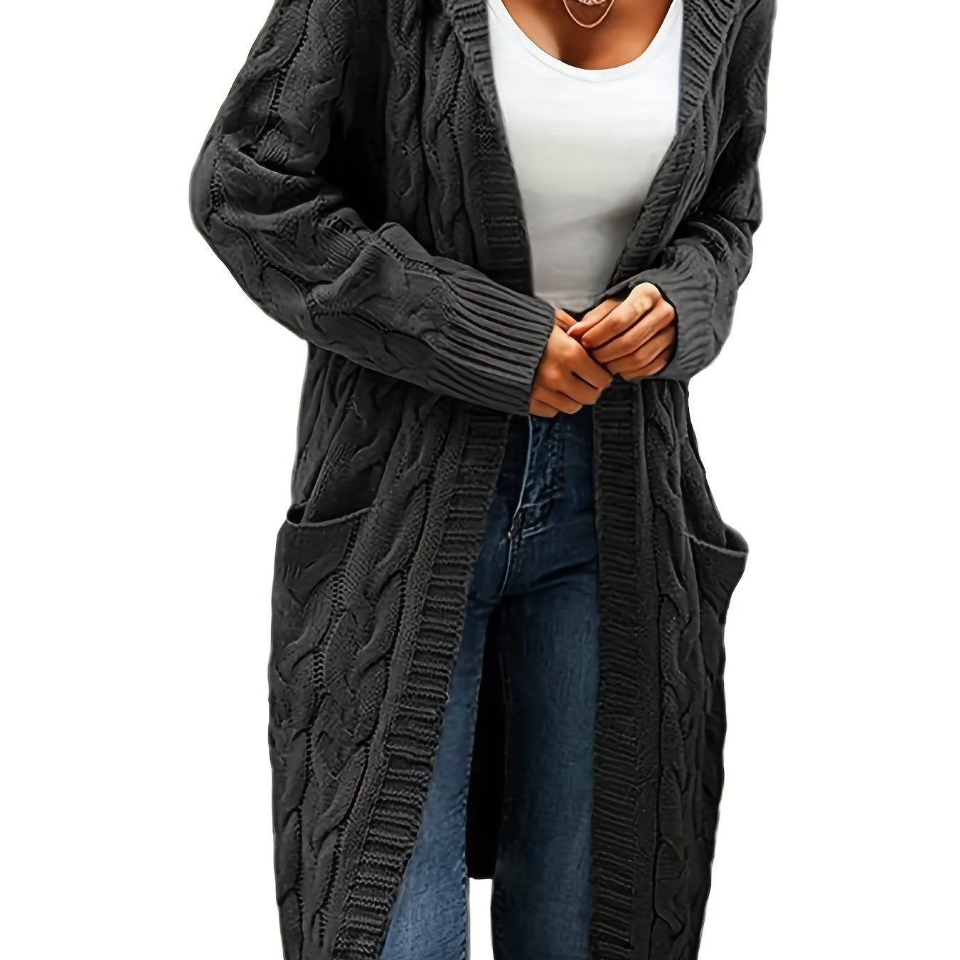 Women's Mid-Length Hooded Cardigan - Soft Stretchy Solid Color Long Sleeve Open Front Sweater with Pockets, Machine Washable Casual Elegance for Fall Winter, Everyday Comfort Wear, Stylish Hooded Design, Comfortable Fit