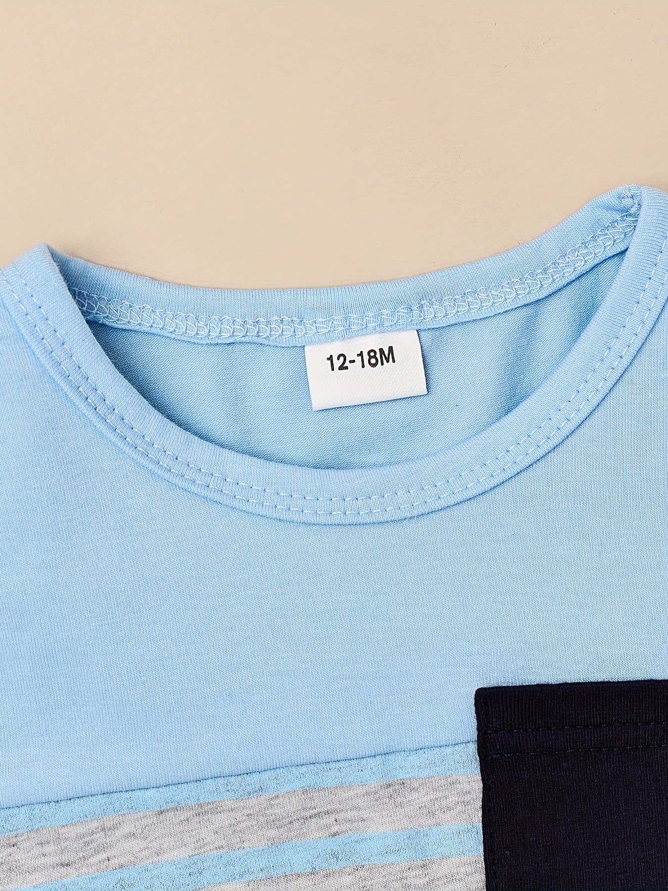 2pcs Baby Boys Summer Outfit Set - Cotton & Polyester Crew Neck T-Shirt with Stripes & Patch Detail, Short Sleeve, Drop Shoulder, Knit Fabric, with Matching Shorts with Belt & Fake Drawstring - Regular Fit, for Outdoor