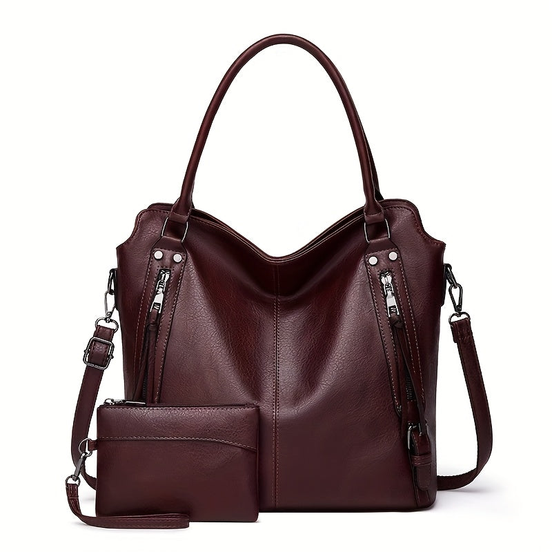 Women'S Large Capacity Tote Bag - Stylish Brown with Golden-Tone Hardware, Zipper Closure & Detachable Strap, Perfect for Work Or Everyday Use, Versatile Carryall | Elegant | Durable, Large Tote Bag