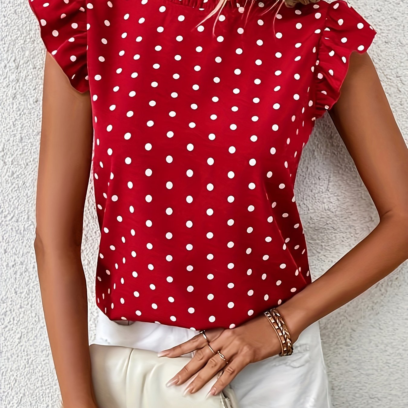 Polka Dot Print Mock Neck Blouse, Elegant Ruffle Sleeve Blouse For Spring & Summer, Women's Clothing