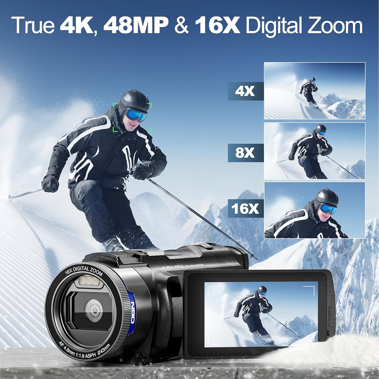 NBD 4K Ultra HD Camcorder Video Camera with True 48MP, Vlogging Camera with Wi-Fi & App Control, Video Recorder with 3X Battery Life, 16X Zoom, External Mic, 270° IPS Screen, Suitable for Recording A Better Life.