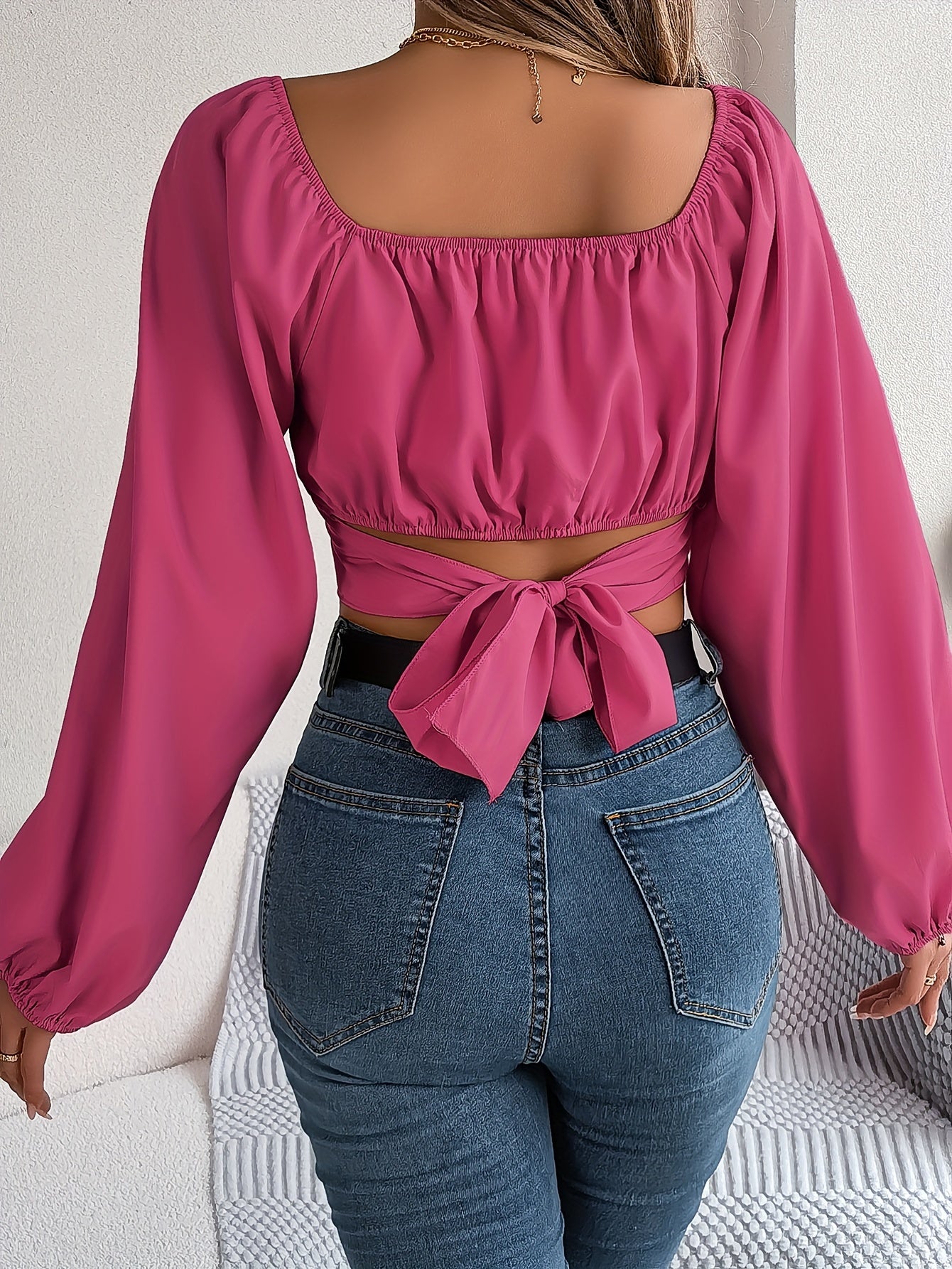 Square Neck Cross Tie Back Crop Blouse, Elegant Lantern Sleeve Slim Blouse For Spring & Fall, Women's Clothing