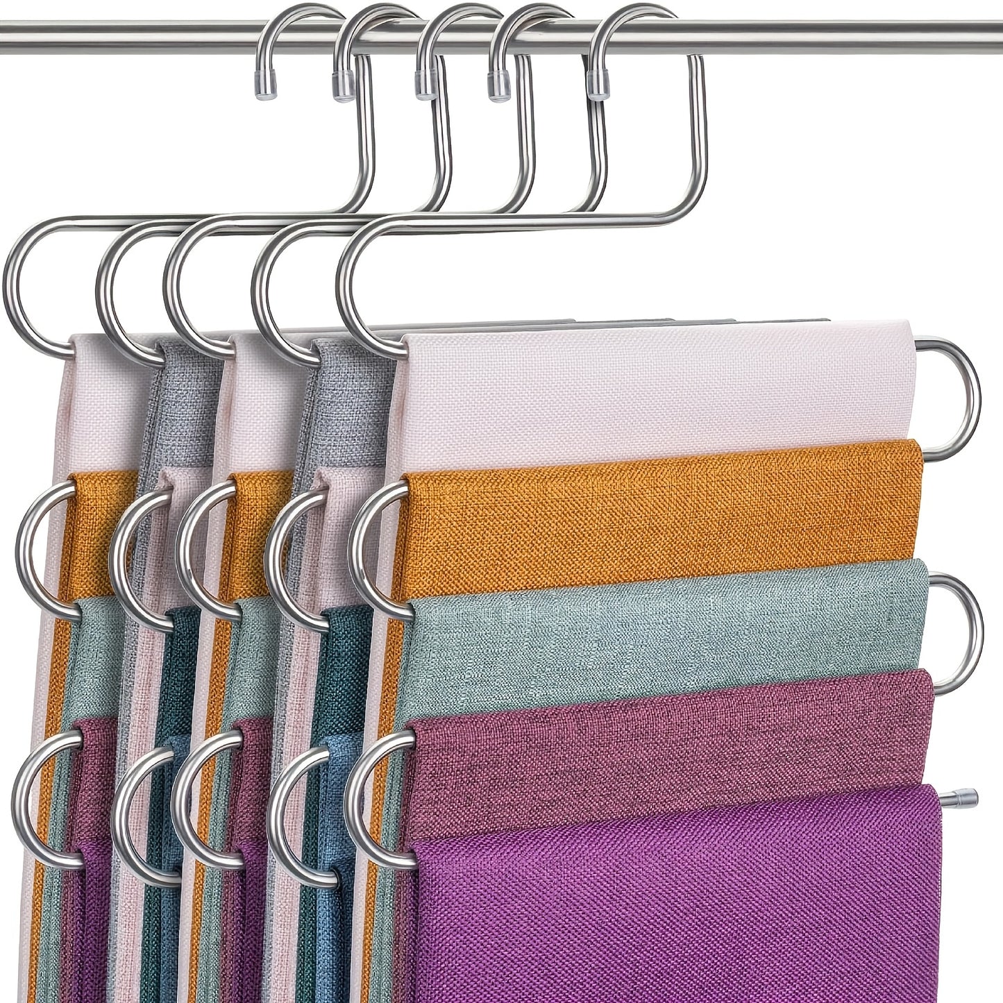 5-Tier Stainless Steel S-Shaped Pants Hanger - Non-Slip, Space-Saving Multi-Layer Jeans and Trousers Organizer with Polished Finish, Durable Metal Wardrobe Storage Solution for Neat Closet Organization