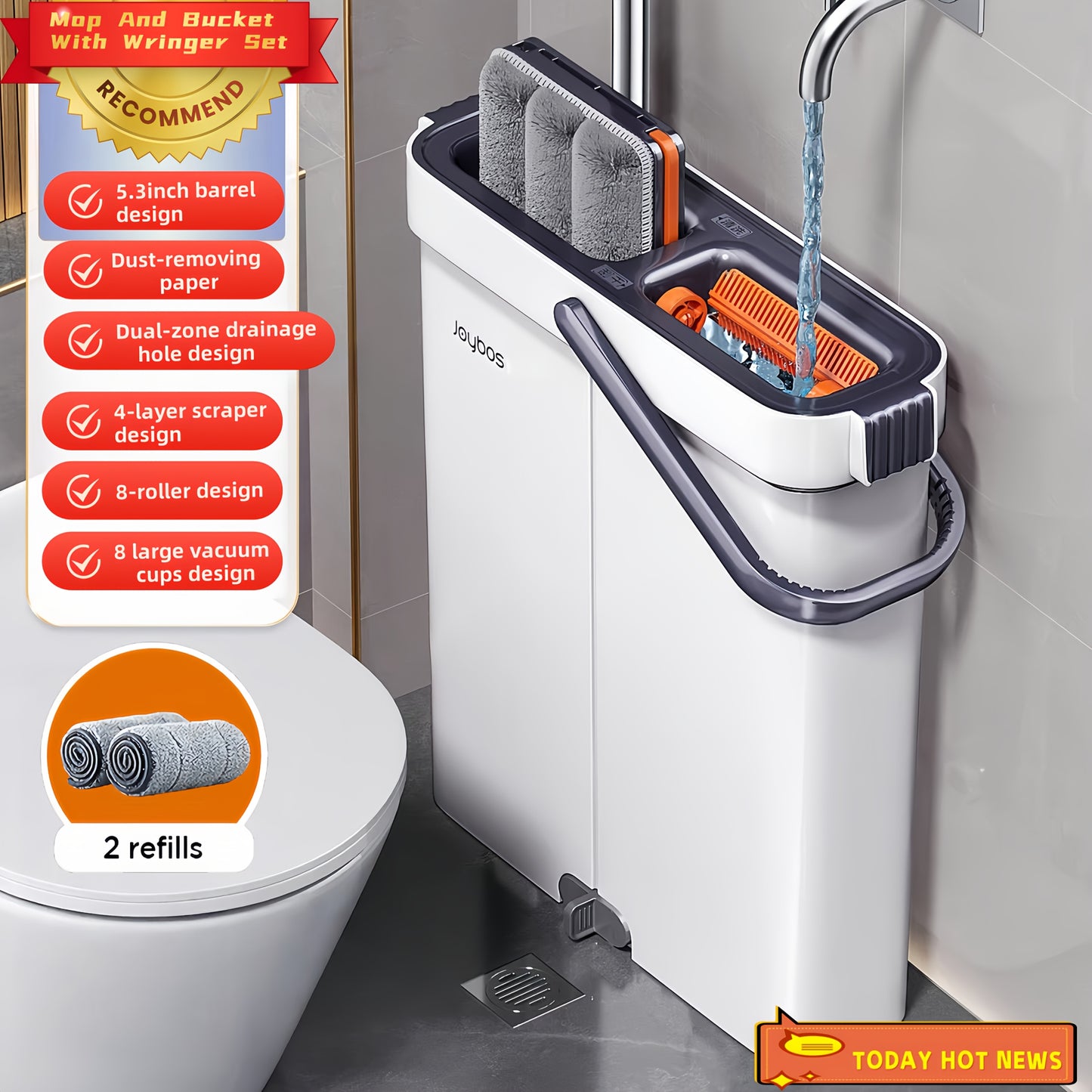 Mop And Bucket Set, Upgraded Slim Gap Storage 2-in-1 Hands-Free Mop Bucket Set, Integrated Scrubbing and Washing Design for Wooden Floors and Tiles, Space-Saving Portable Home Cleaning Tool, Comes with 2 Washable and Reusable