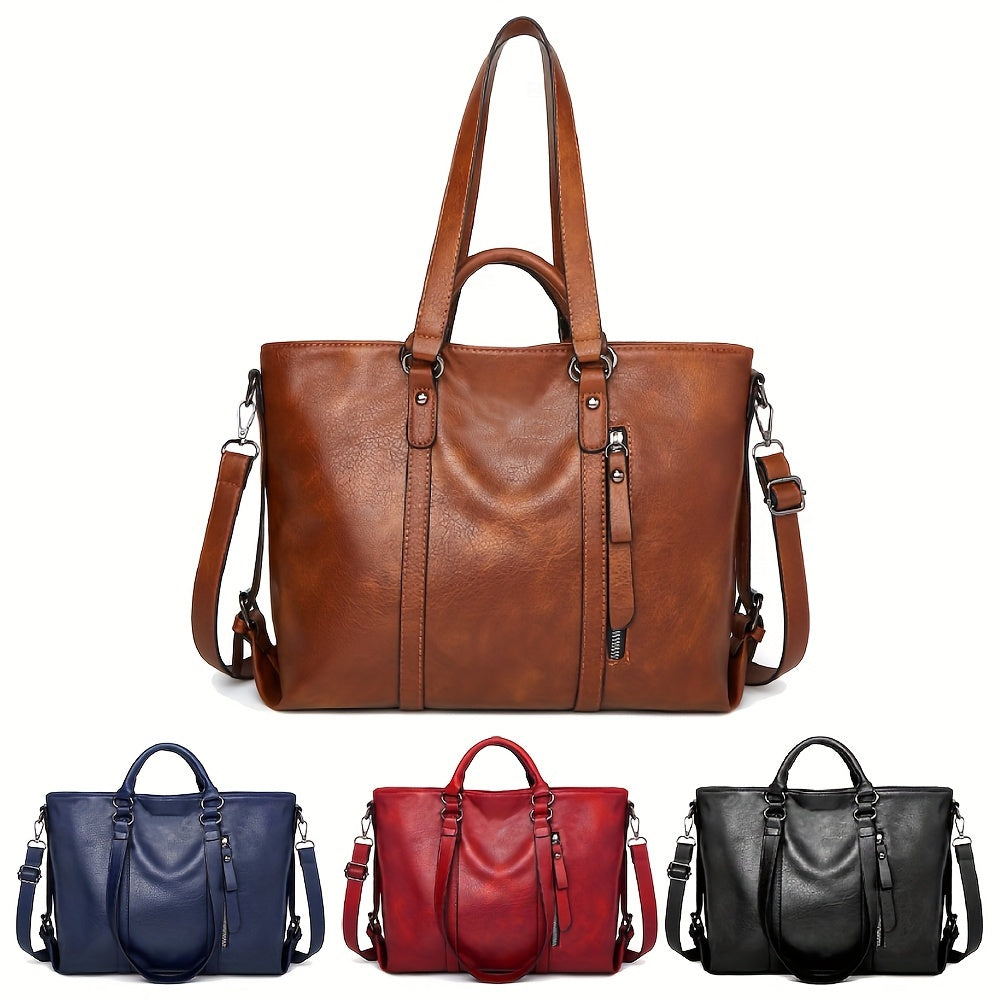 Women's Thickened Soft Synthetic Leather Tote & Crossbody Purse - Large Capacity Multi-Pocket Organizer with Removable Shoulder Strap, Zipper Closure, Oil-Edged Trim - Work, Travel, Casual Bag in Brown, Navy, Red, Black - Chr