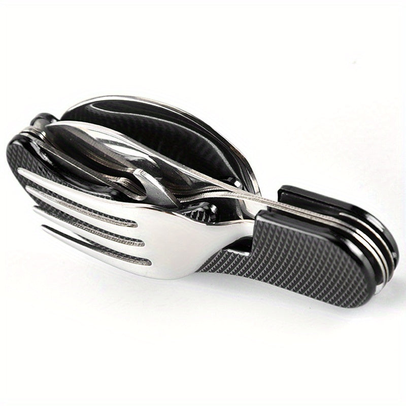 Stainless Steel 4-in-1 Outdoor Tableware Set with Folding Spoon, Fork, Knife, and Bottle Opener - Perfect for Camping, Picnics, Hiking, and Travel