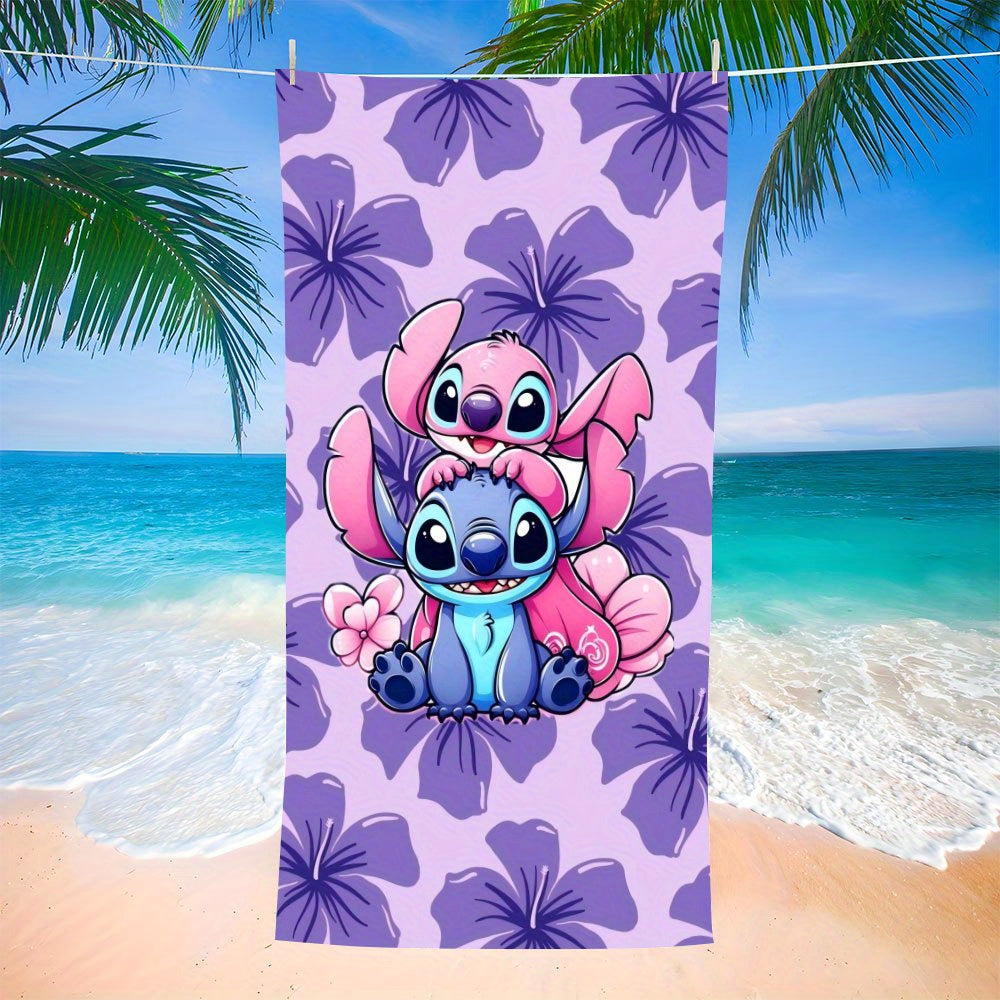 1pc Stitch Beach Towel - Soft Microfiber, Quick-Dry, Vibrant Purple & Pink Floral Design, Perfect for Yoga, Travel, Swimming, Fitness, Camping - Ideal St. Patrick'S Day Gift, Beach Accessories | Playful Design | Quick Dry Tow