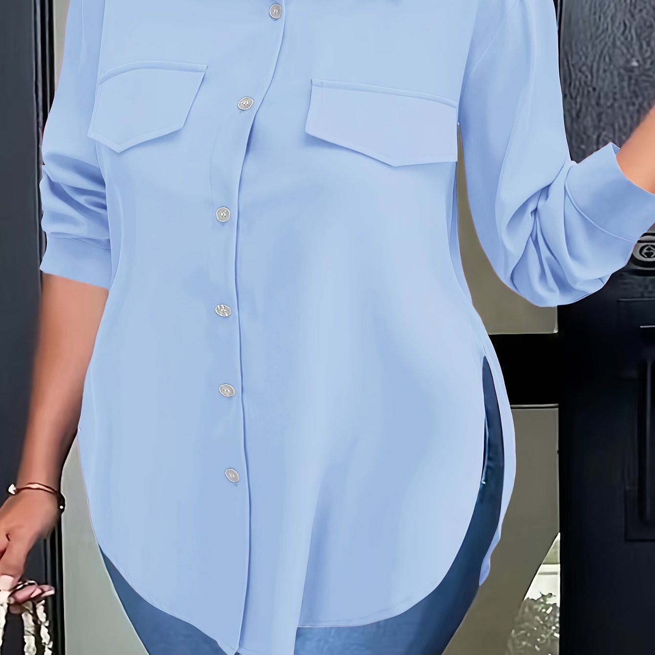 Plus Size Curved Hem Blouse, Casual Button Front Collared Blouse For Spring, Women's Plus Size Clothing